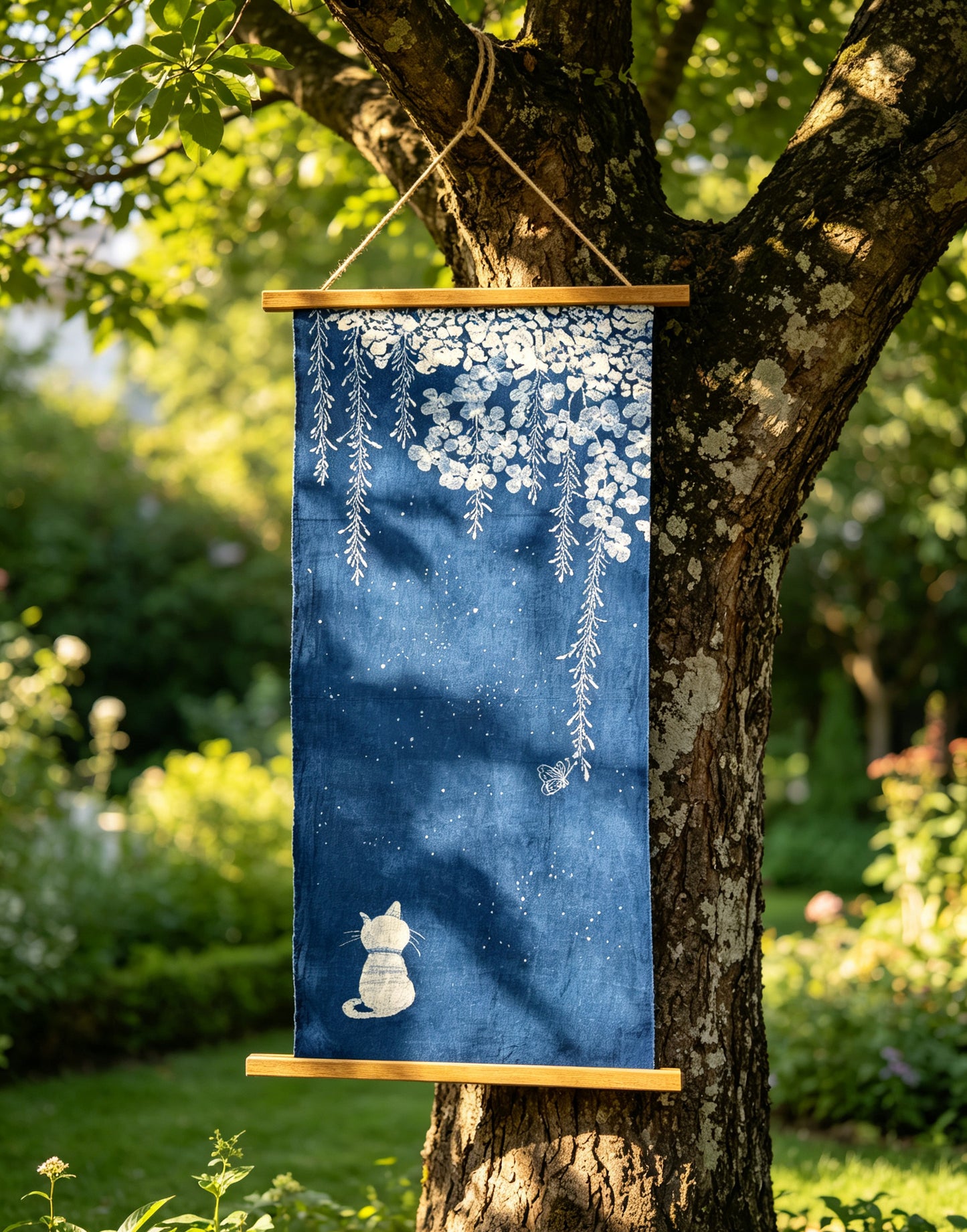 Handmade Indigo Batik Starry Night Wall Hanging, Moonlit Cat & Butterfly Textile Art, Zen Home Décor