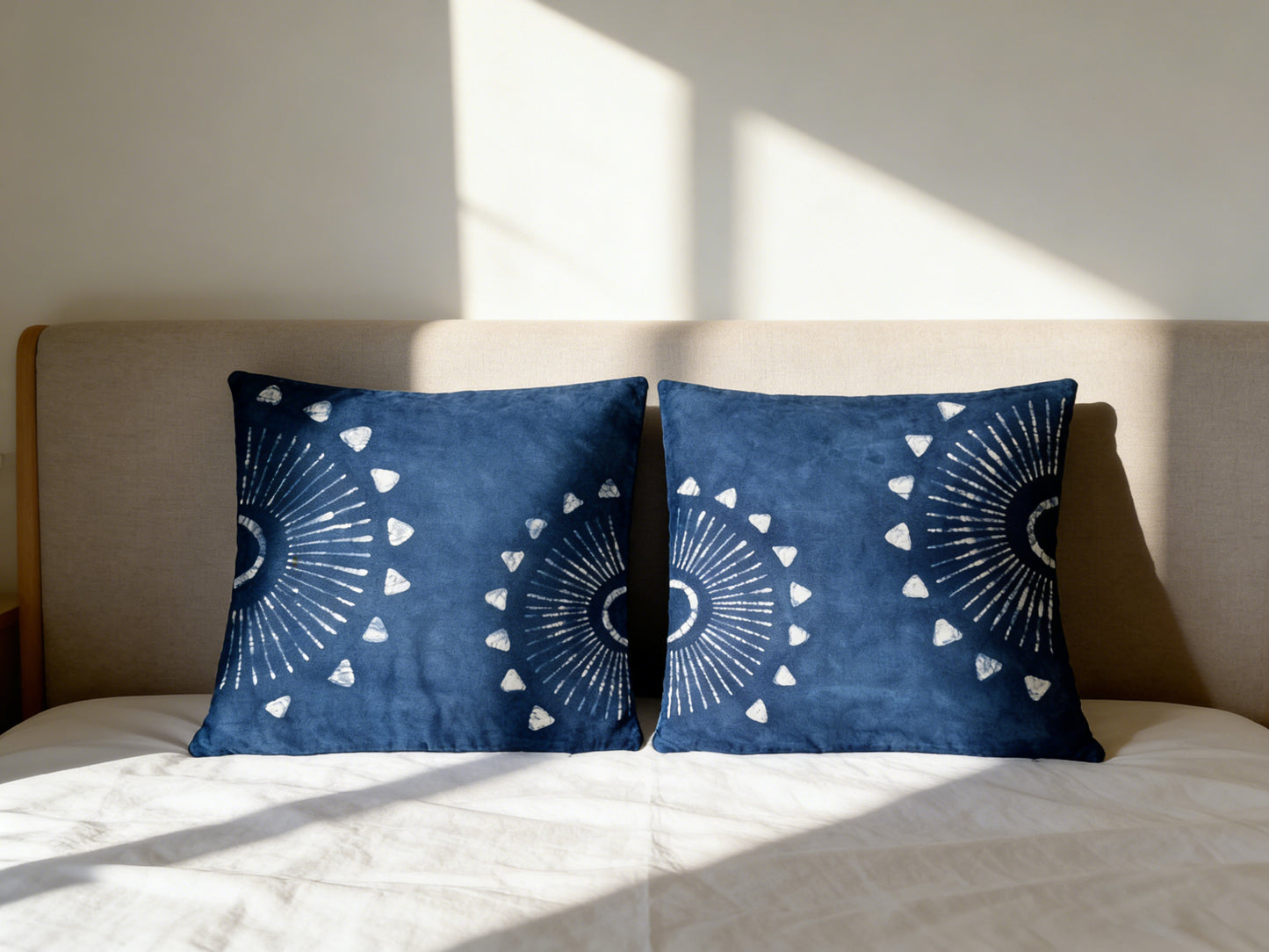 Indigo Batik Pillow Cover – "Twin Suns" Hand-painted Batik S-shaped Radial Pillow Covers | Oriental Zen Boho Home Decor, Zen Home Decor, Hand-dyed Cotton Boho Farmhouse Decor #BH06K