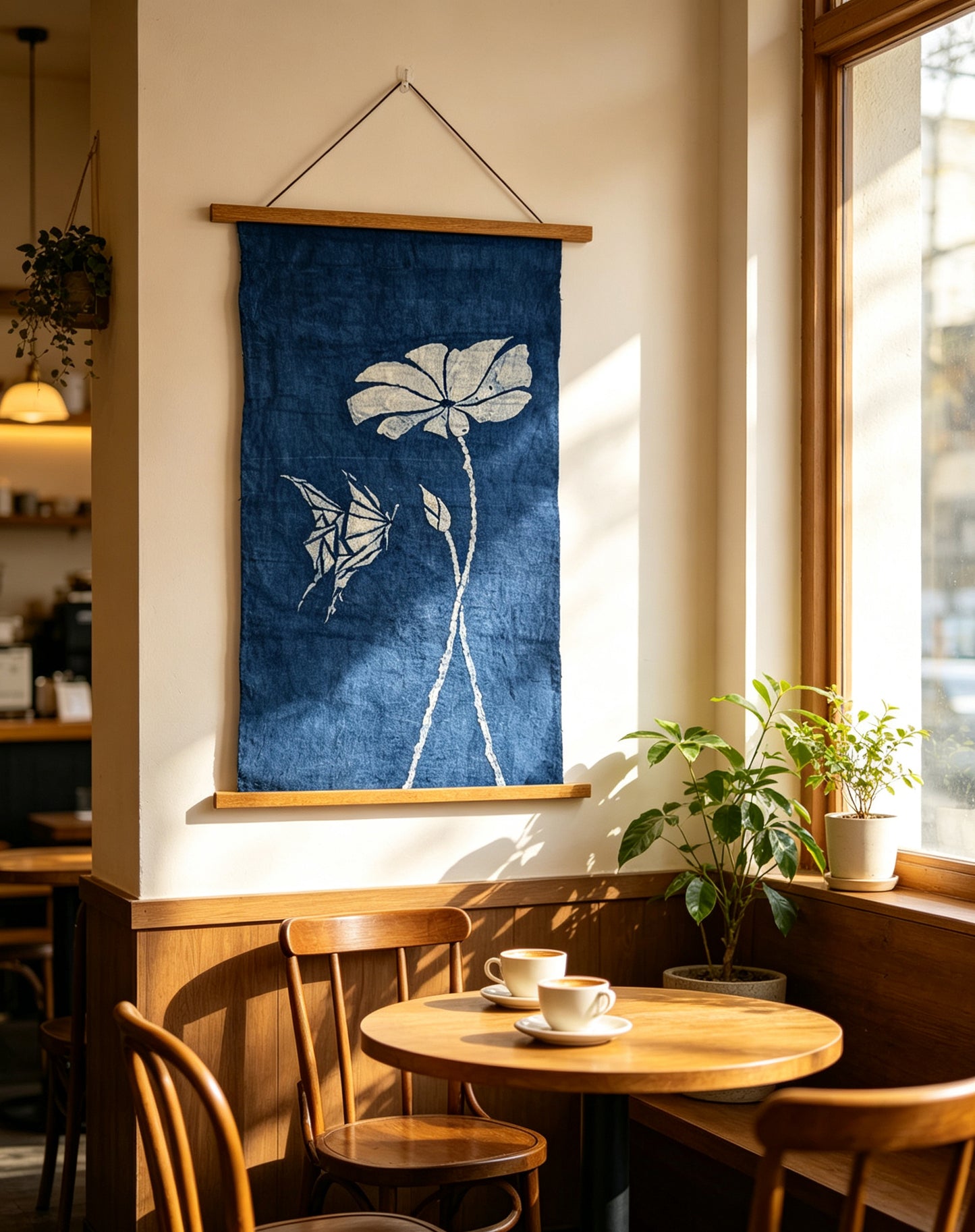 Handmade Indigo Batik Lotus Butterfly Wall Hanging, Textile Wall Art, Cotton Home Décor, Wabi-Sabi Zen Art