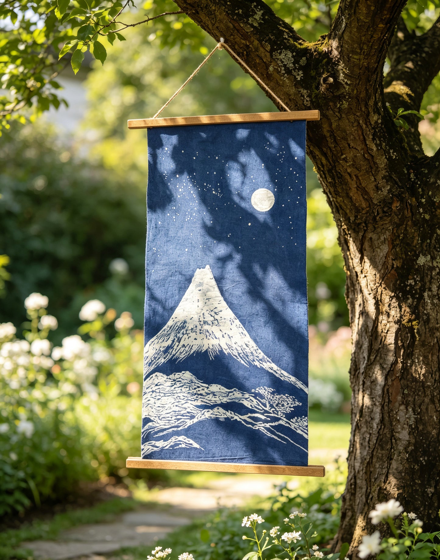 Handmade Indigo Batik Snow Mountain Wall Hanging, Moonlit Landscape Textile Art, Zen Home Décor, Cotton Wall Art