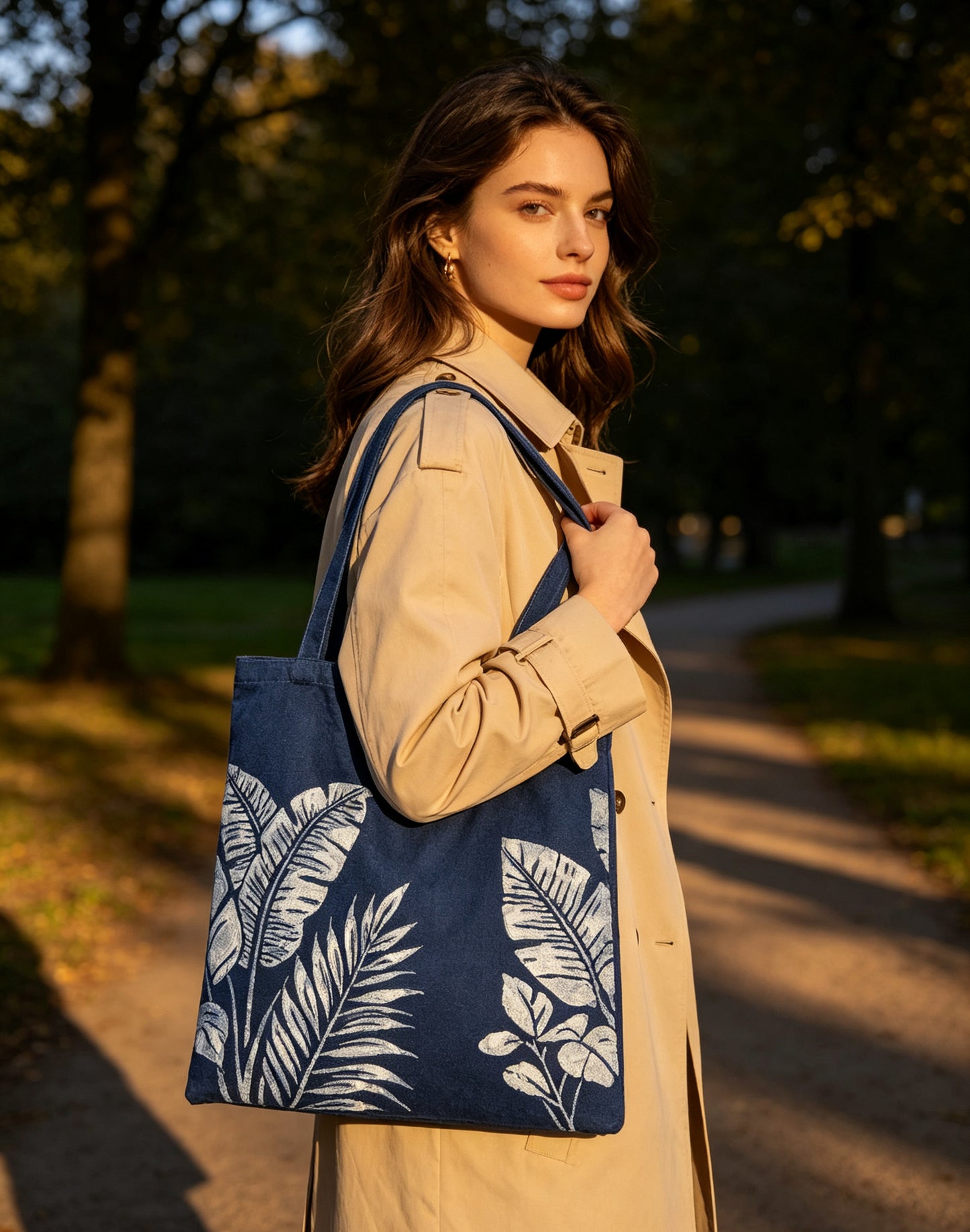 Handmade Indigo Batik Ginkgo Leaf Tote Bag, Cotton Canvas Shoulder Bag, Eco-Friendly Everyday Market Tote