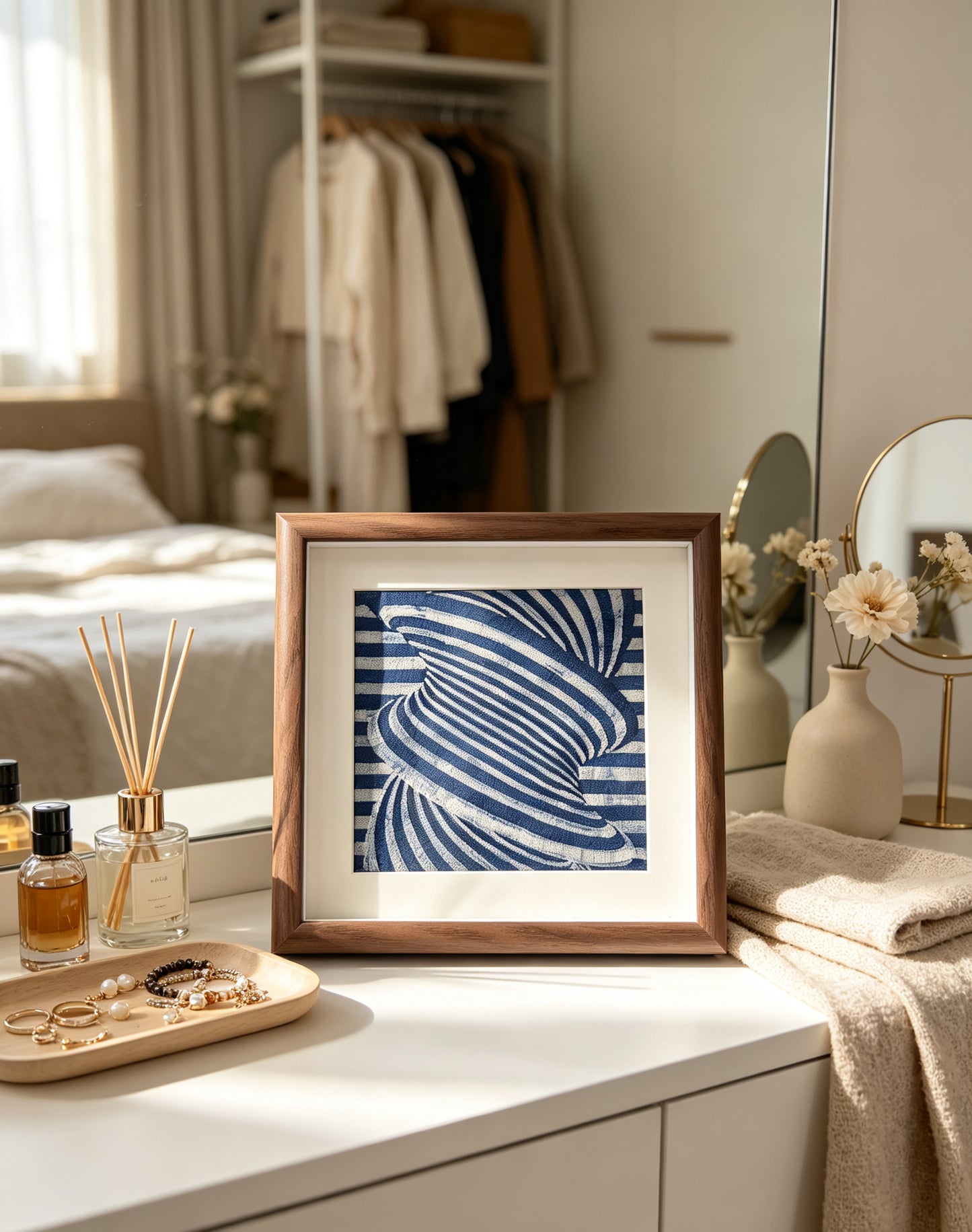 Handmade Indigo Batik Geometric Wall Art, Wood Framed Textile Art, Modern Abstract Indigo Home Décor