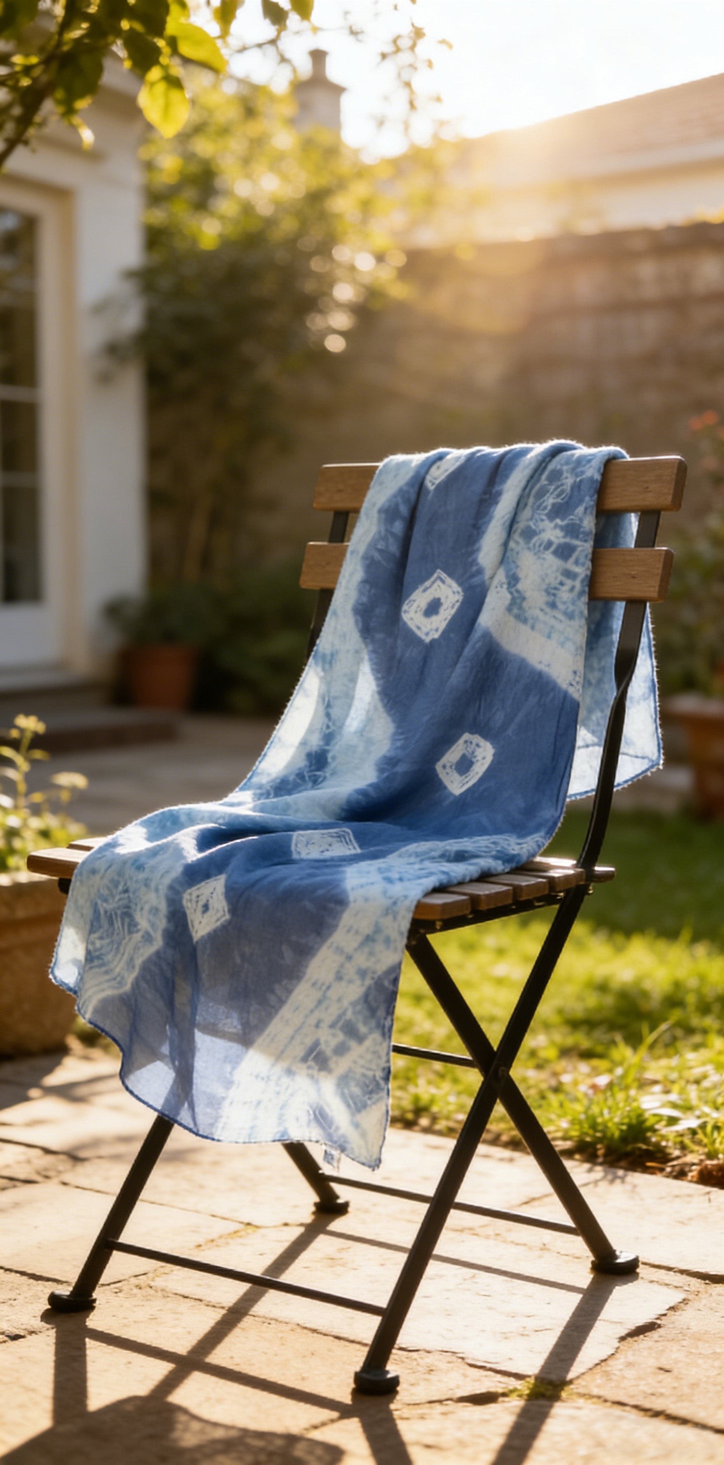 Blue patterned blanket draped over a chair in a sunlit garden.