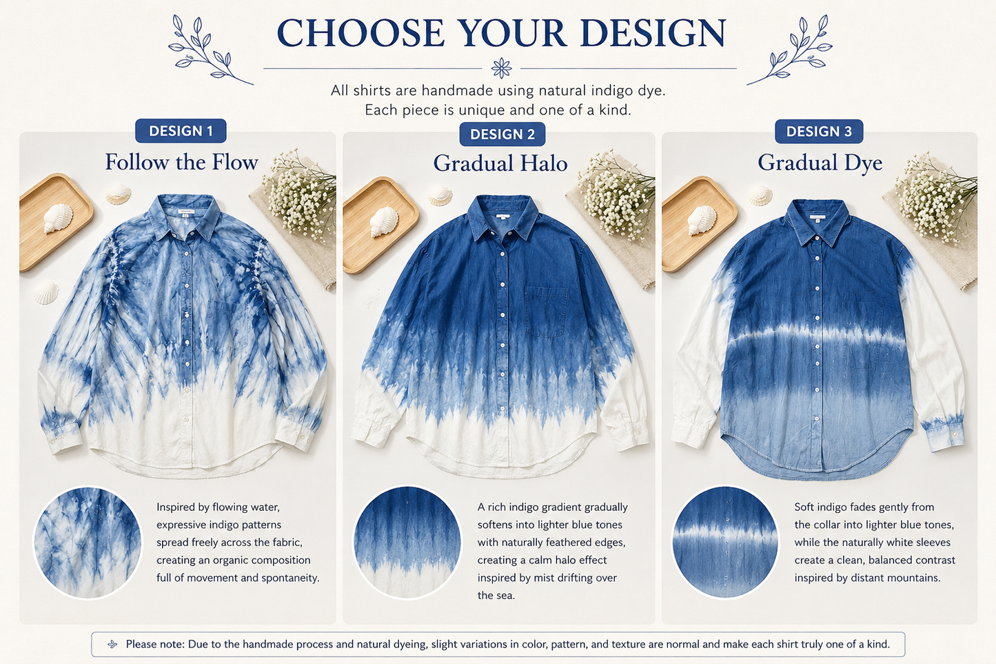 Handmade Indigo Tie-Dye Long Sleeve Shirt | Natural Cotton Hand-Dyed Overshirt | 3 Shibori Designs Available
