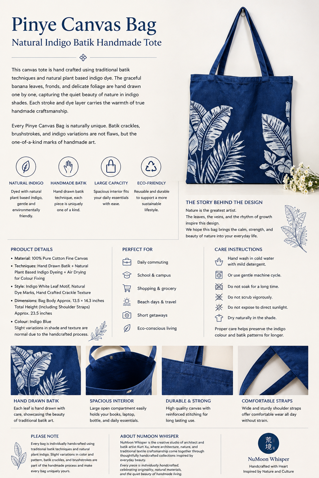 Handmade Indigo Batik Ginkgo Leaf Tote Bag, Cotton Canvas Shoulder Bag, Eco-Friendly Everyday Market Tote