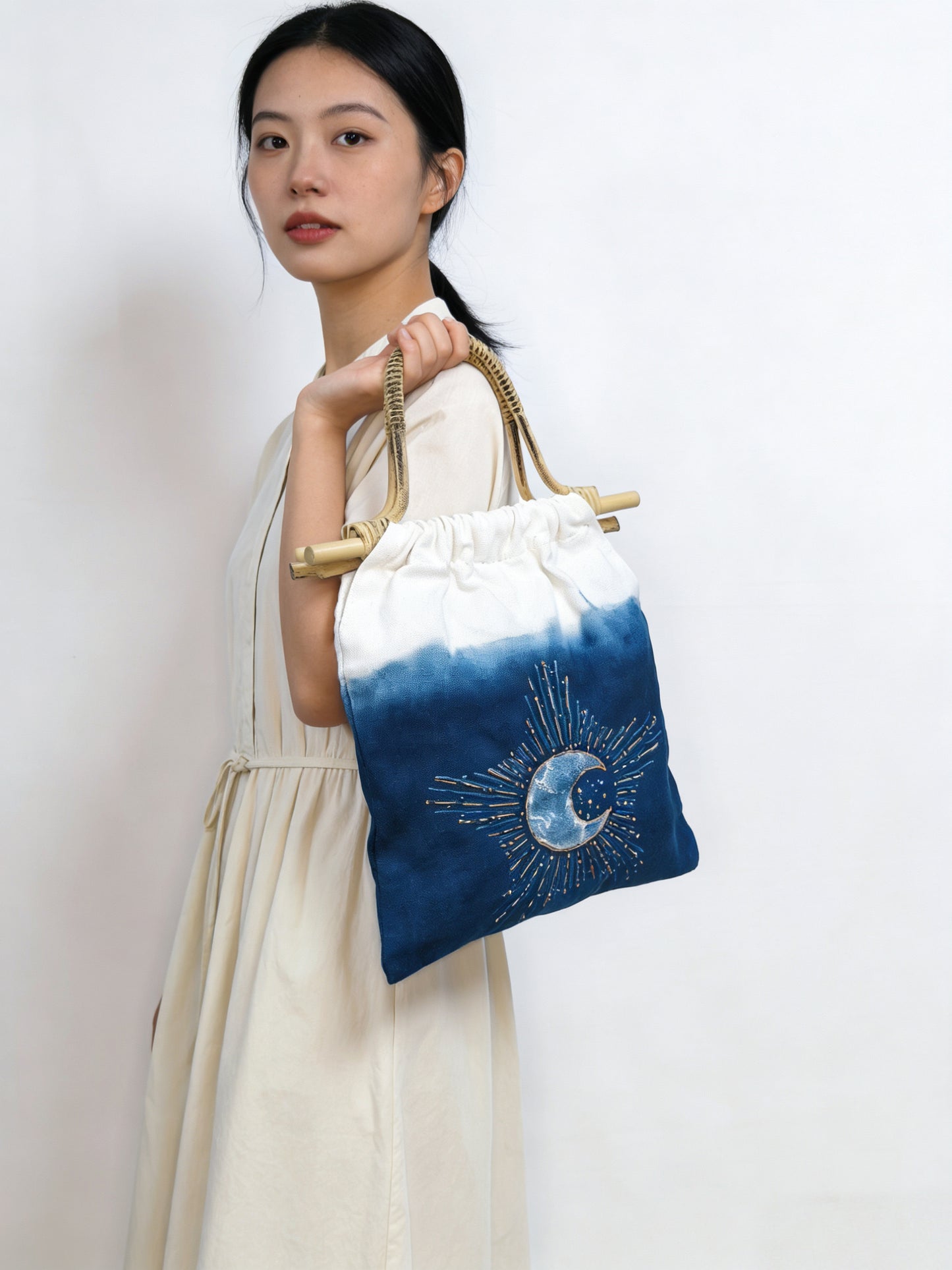 Hand Dyed Indigo Tote Bag, Embroidered Cotton Canvas Tote, Sun, Moon & Star Bag, Blue Shibori Bag, Hand-painted Book Tote, Everyday Market Bag #B10B