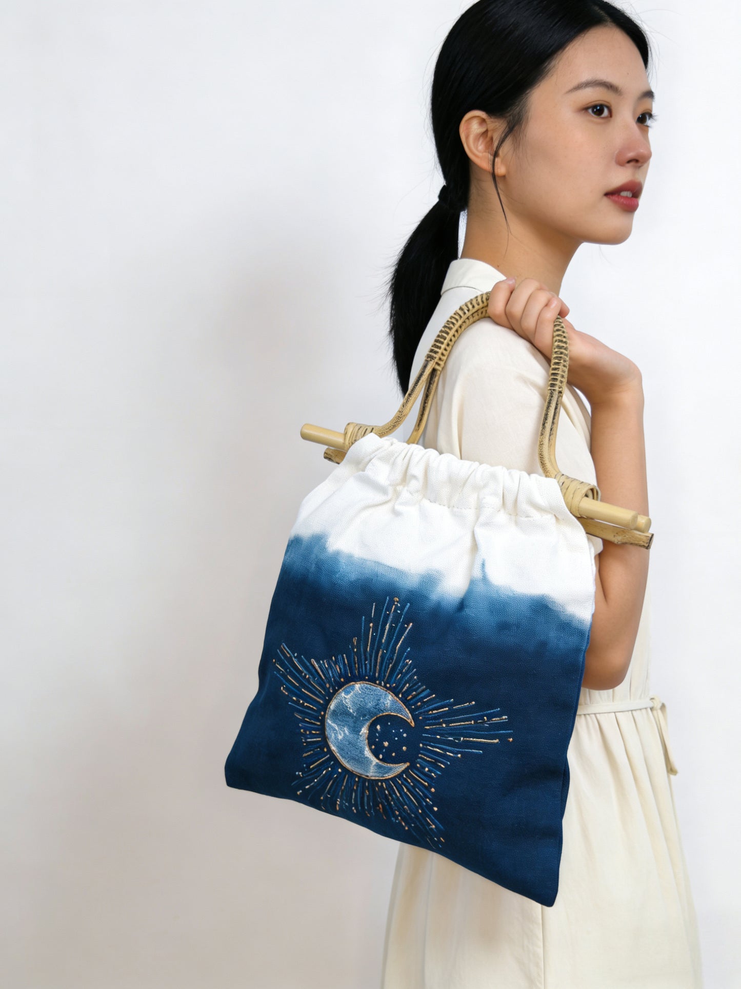Hand Dyed Indigo Tote Bag, Embroidered Cotton Canvas Tote, Sun, Moon & Star Bag, Blue Shibori Bag, Hand-painted Book Tote, Everyday Market Bag #B10B