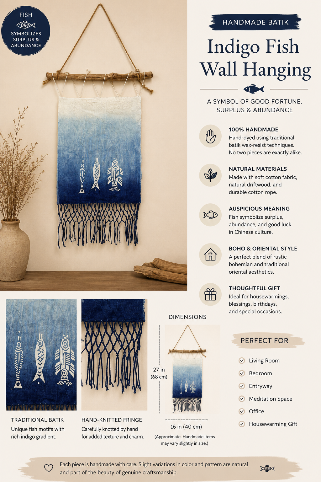 Handmade Han Dynasty Fish Batik Wall Hanging, Indigo Macramé Tapestry, Boho Wall Décor, Chinese Lucky Fish Art