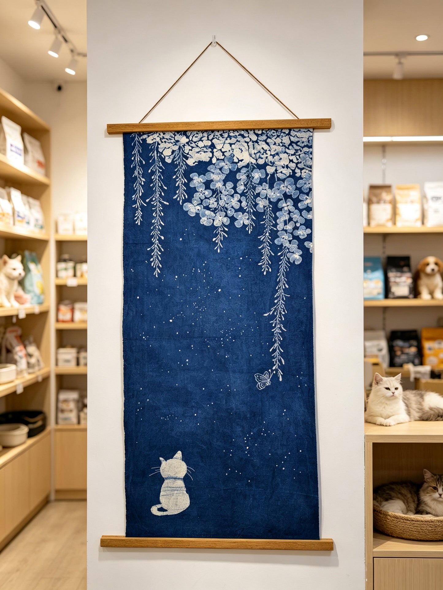 Handmade Indigo Batik Starry Night Wall Hanging, Moonlit Cat & Butterfly Textile Art, Zen Home Décor