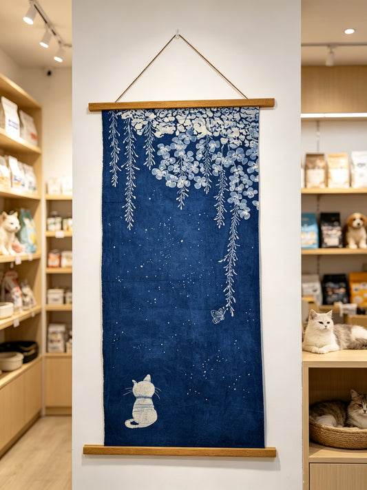 Handmade Indigo Batik Starry Night Wall Hanging, Moonlit Cat & Butterfly Textile Art, Zen Home Décor