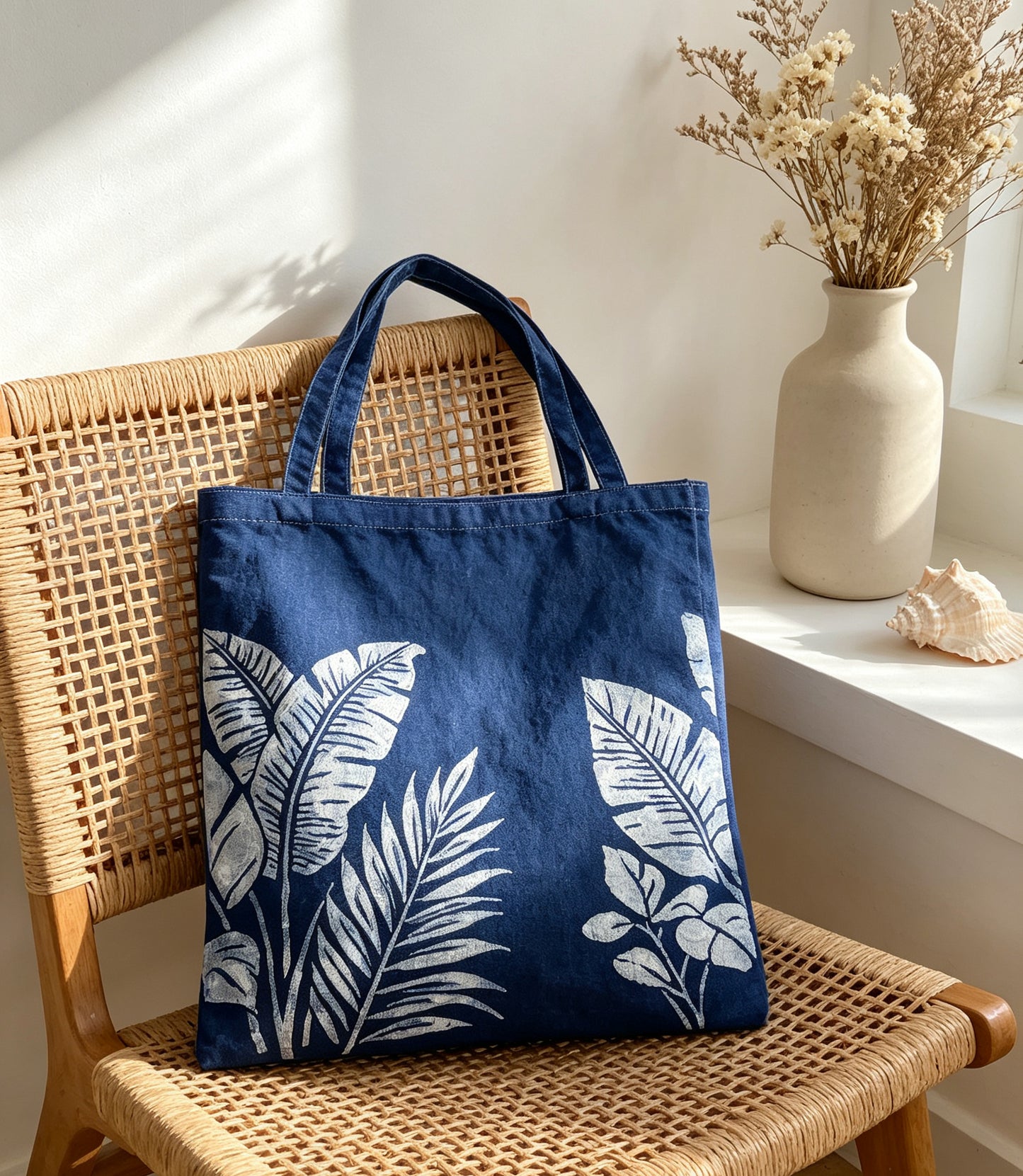 Handmade Indigo Batik Ginkgo Leaf Tote Bag, Cotton Canvas Shoulder Bag, Eco-Friendly Everyday Market Tote