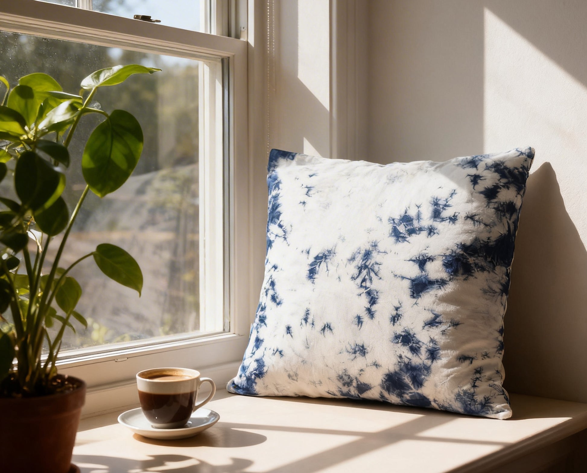 Blue and white tie-dye pillow on a windowsill with a cup of coffee and plant