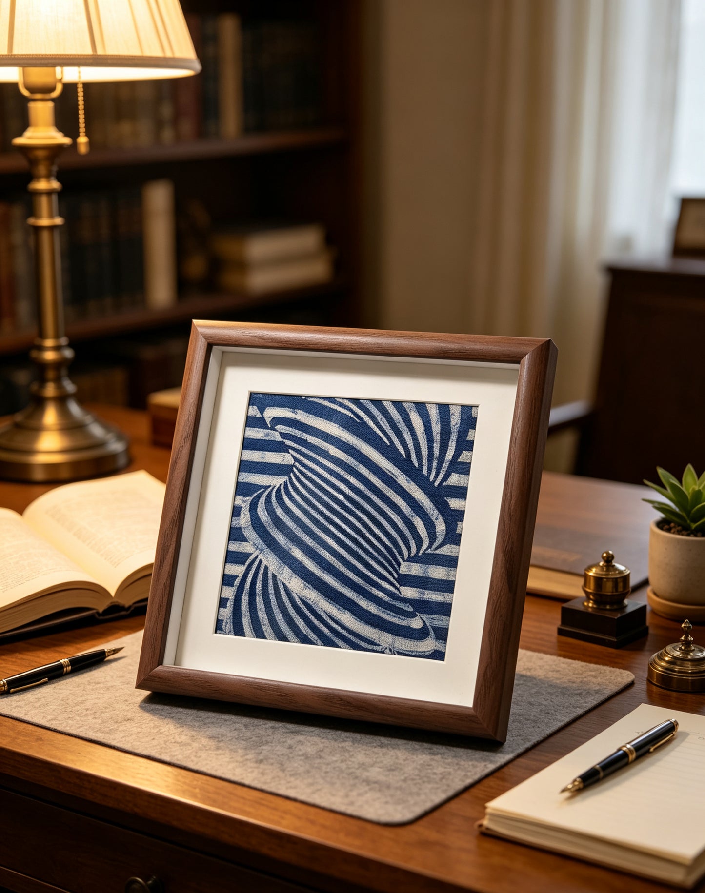 Handmade Indigo Batik Geometric Wall Art, Wood Framed Textile Art, Modern Abstract Indigo Home Décor