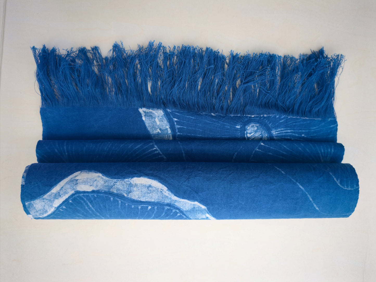 Hand-Painted Batik, Indigo Dyed Table Runner, Indigo Shibori Table Runner, Hand Dyed Cotton Table Runner, Green Lotus Reflected in Water, Japandi Table Decor,Blue  White Table Linen, Japanese Farmhouse Centerpiece #BH22B