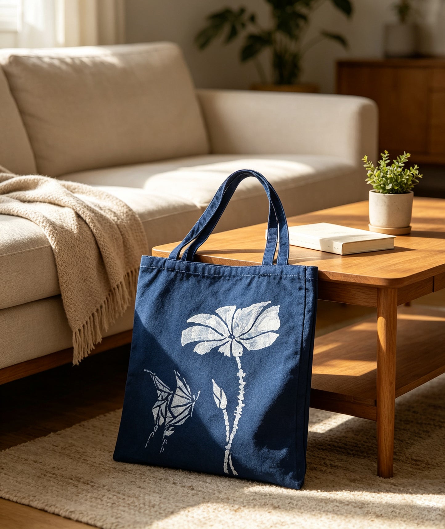 Handmade Indigo Batik Lotus Butterfly Tote Bag, Cotton Canvas Shoulder Bag, Eco-Friendly Everyday Market Tote