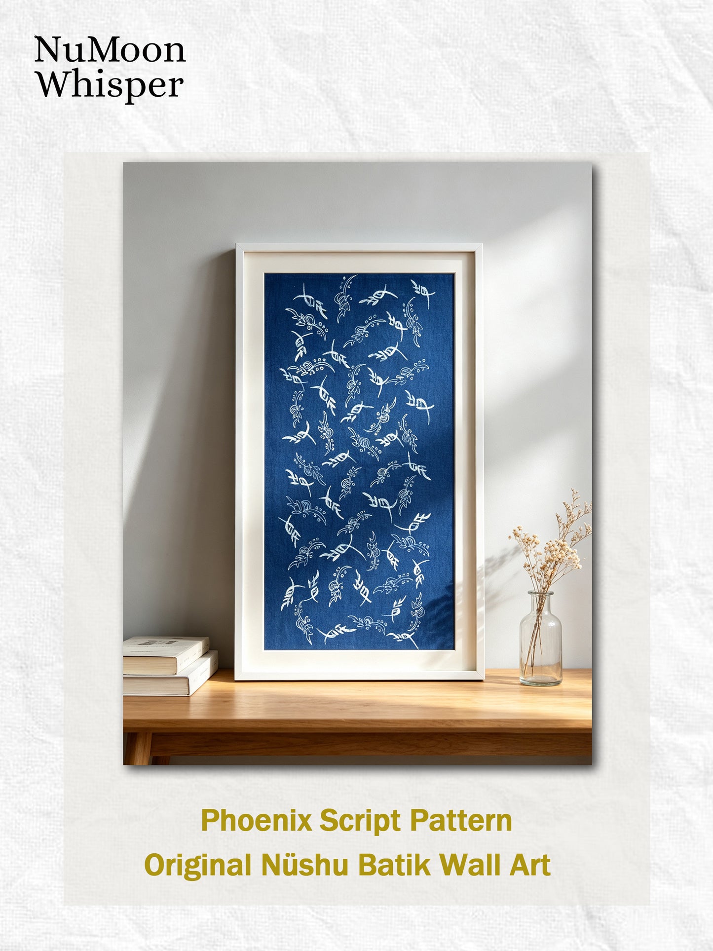 Handmade Indigo Batik Nüshu Wall Hanging, Women's Script Textile Art, Chinese Heritage Home Décor