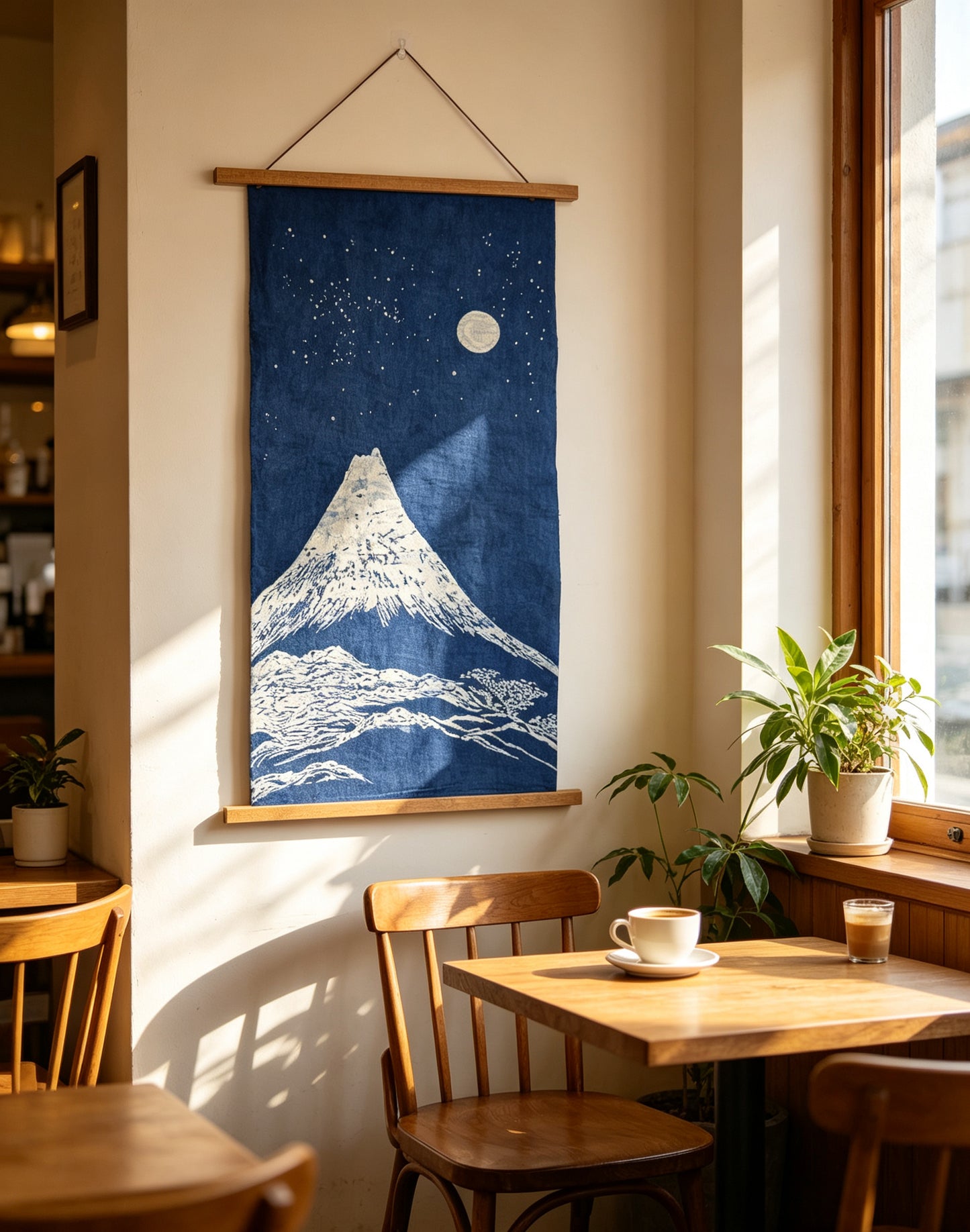 Handmade Indigo Batik Snow Mountain Wall Hanging, Moonlit Landscape Textile Art, Zen Home Décor, Cotton Wall Art