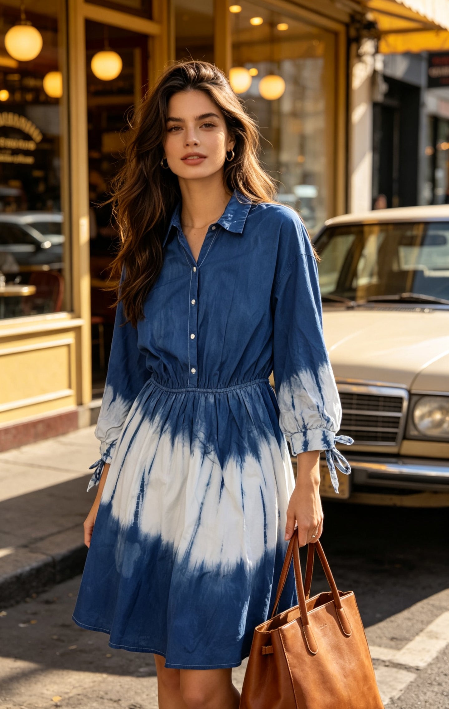 Handmade Indigo Tie-Dye Shirt Dress | Natural Cotton Belted Mini Dress | Boho Three-Quarter Sleeve Dress