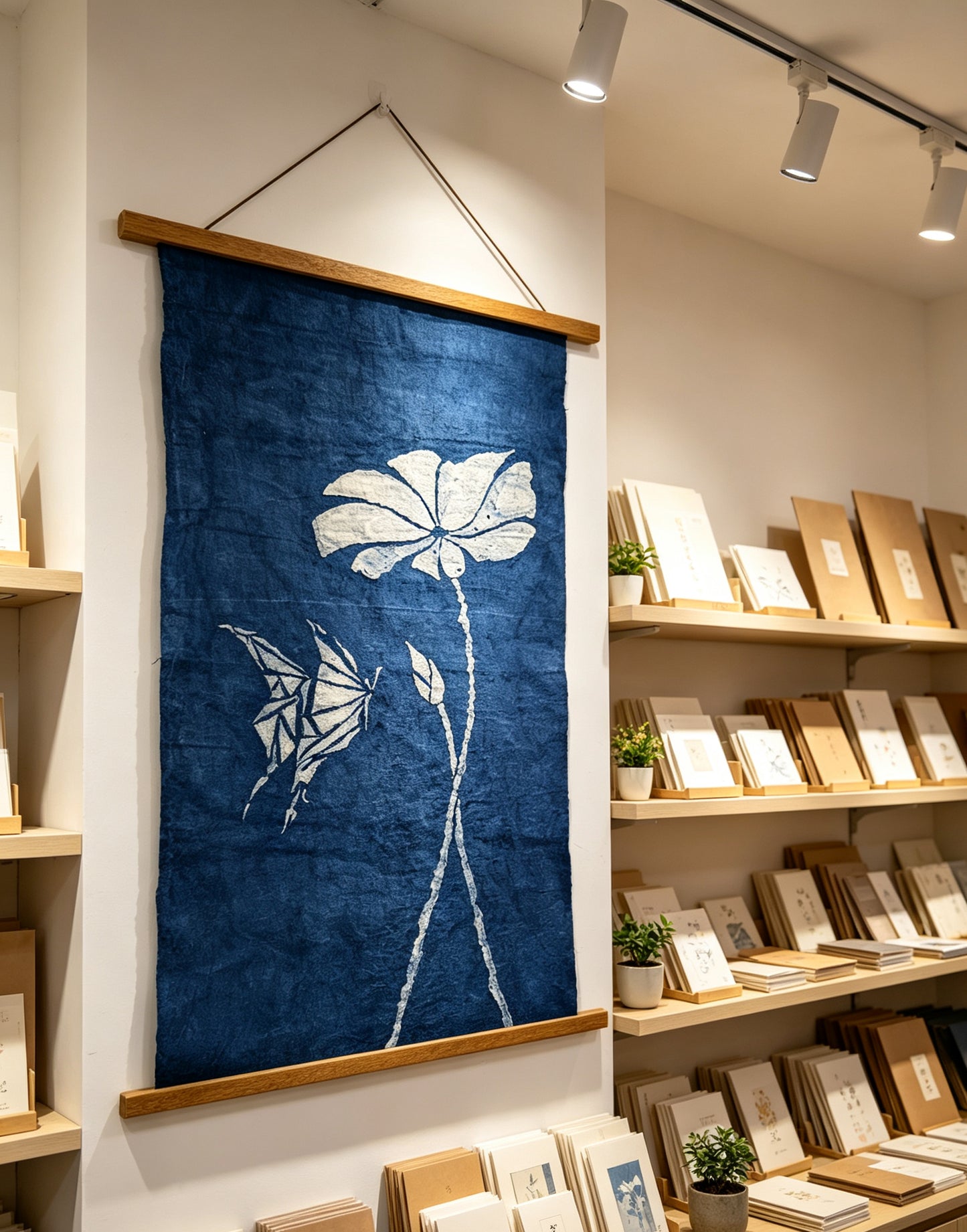 Handmade Indigo Batik Lotus Butterfly Wall Hanging, Textile Wall Art, Cotton Home Décor, Wabi-Sabi Zen Art