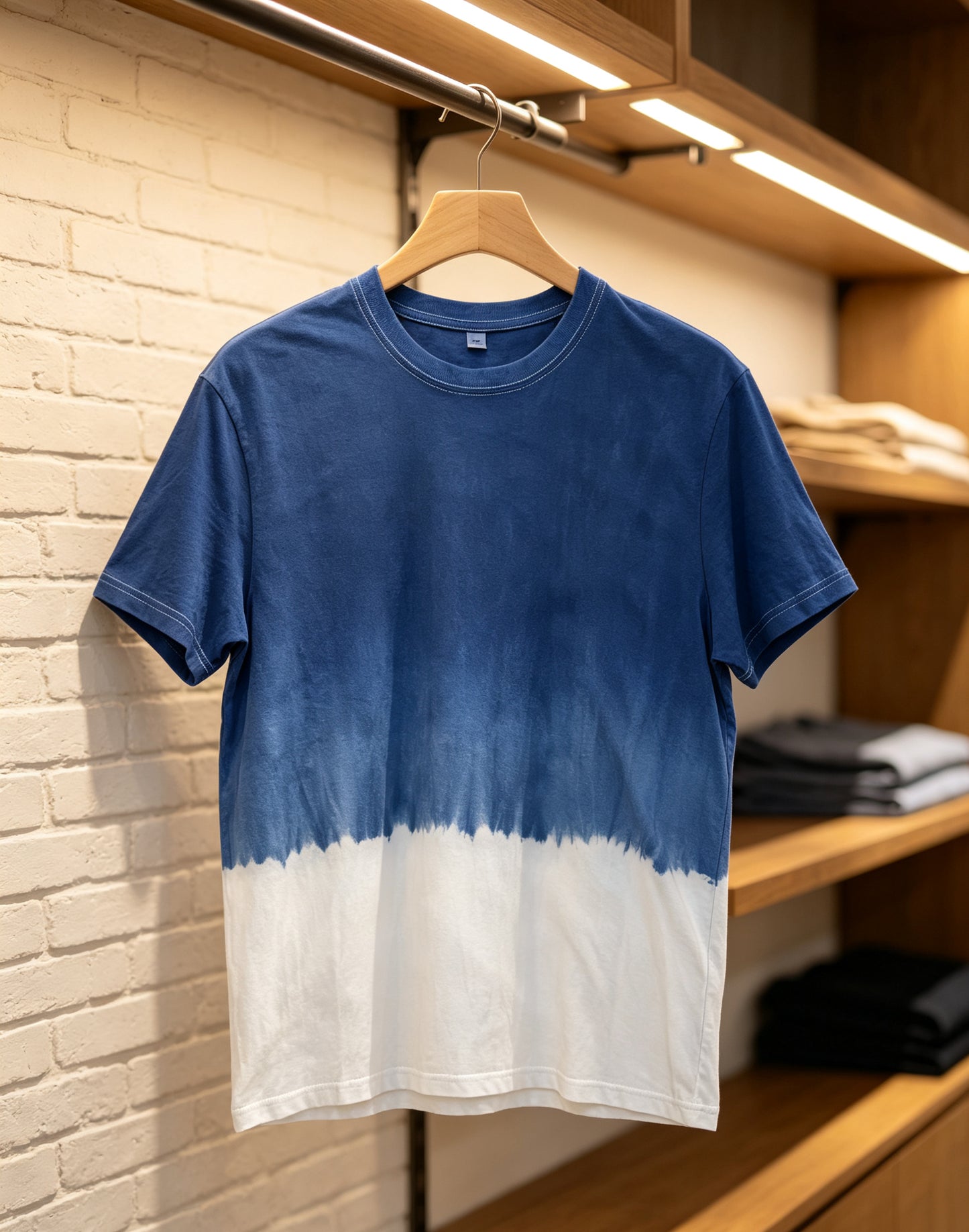 A short-sleeve crewneck t-shirt with a blue and white tie-dye horizontal gradient, hanging on a wooden hanger against a white brick wall and wooden shelving background.