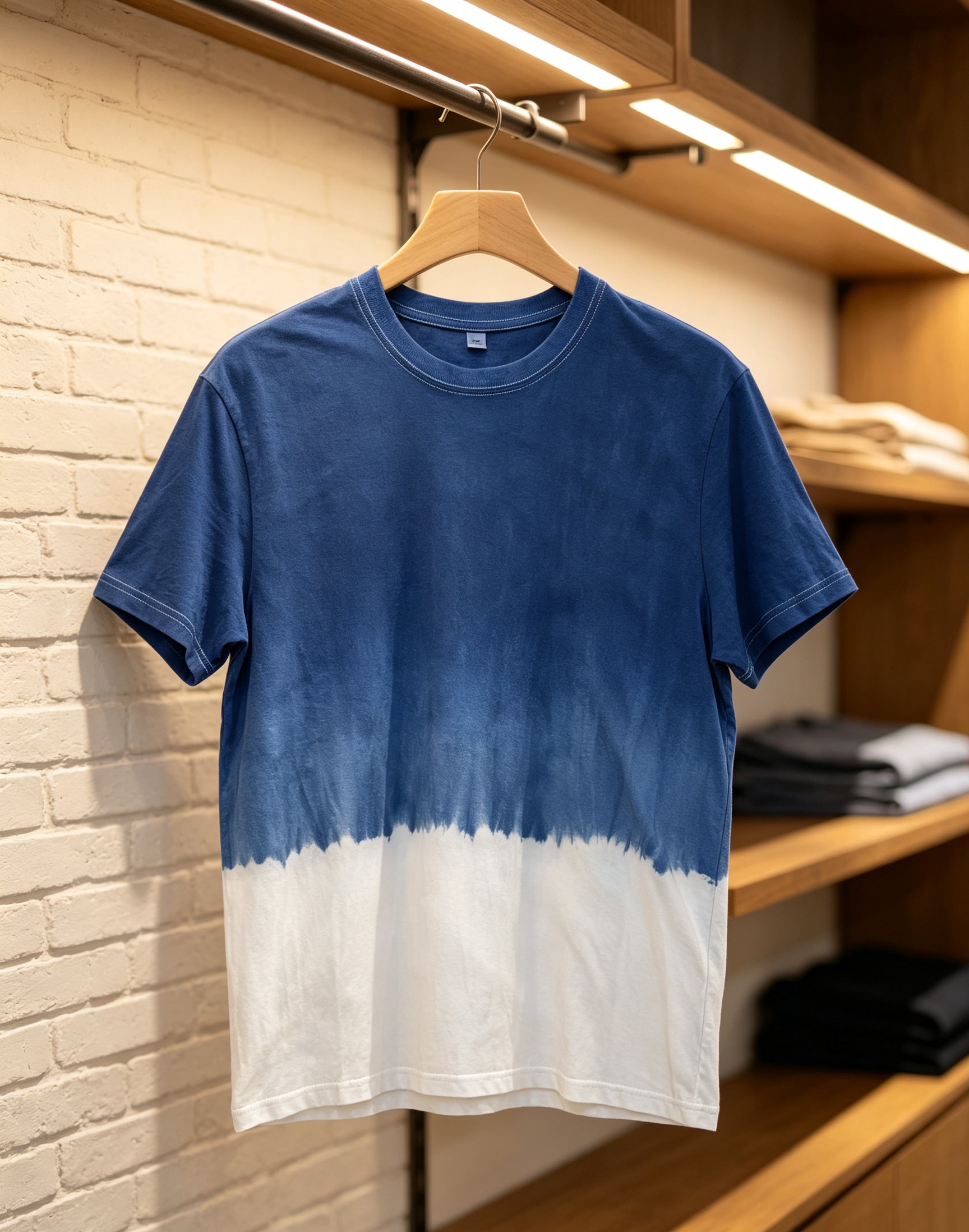 A short-sleeve crewneck t-shirt with a blue and white tie-dye horizontal gradient, hanging on a wooden hanger against a white brick wall and wooden shelving background.