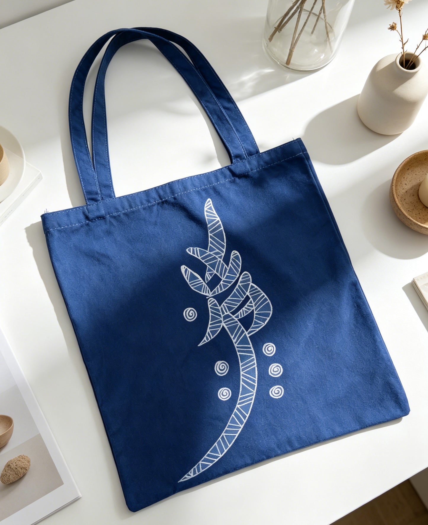 Handmade Indigo Batik Nüshu Tote Bag, Cotton Canvas Shoulder Bag, Women's Script Artisan Market Tote