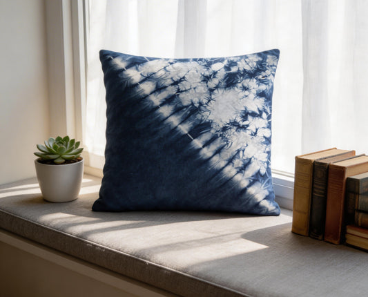 Indigo Batik Pillow Cover – "Starry Galaxy" Hand Tie-dye Diagonal Color Block Pillow Cover | Modern Minimalist Wabi Sabi Home Decor, Cotton Boho Farmhouse Decor #BH06H