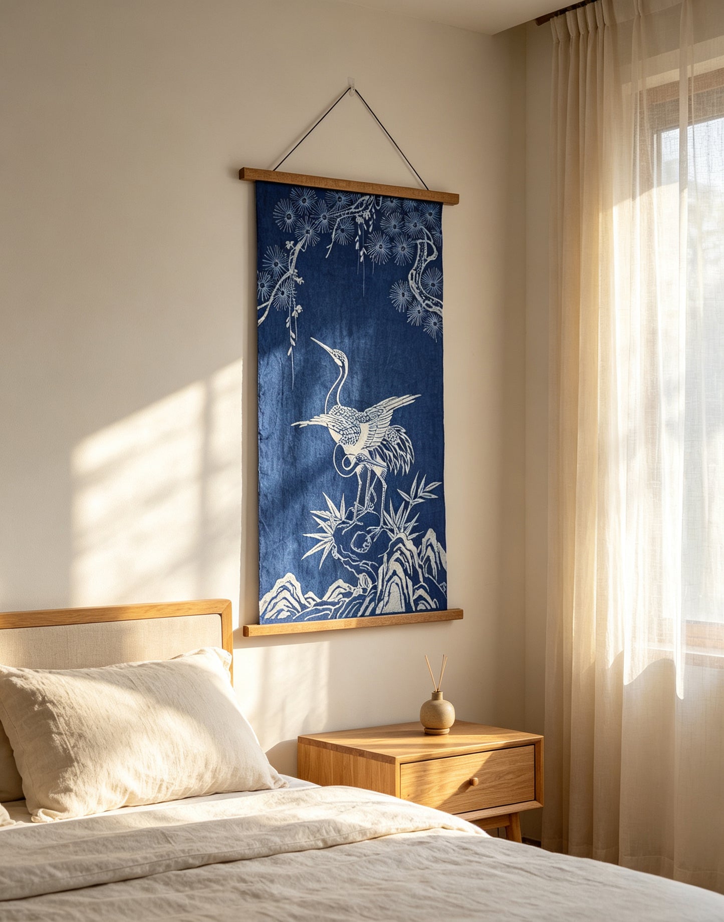 Handmade Indigo Batik Pine & Crane Wall Hanging, Chinese Longevity Textile Art, Zen Home Décor, Cotton Wall Art
