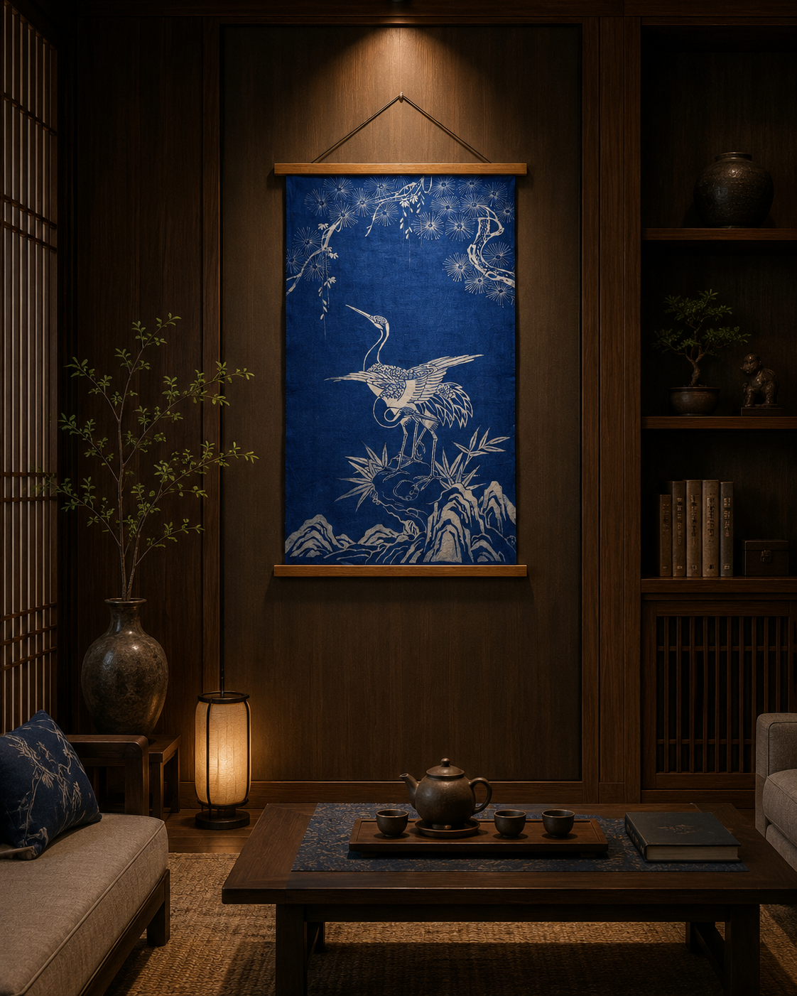Handmade Indigo Batik Pine & Crane Wall Hanging, Chinese Longevity Textile Art, Zen Home Décor, Cotton Wall Art