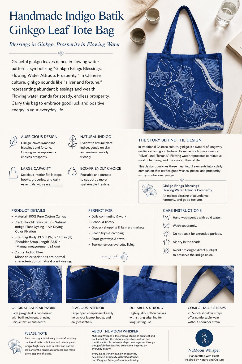 Handmade Indigo Batik Ginkgo Tote Bag, Large Cotton Canvas Shoulder Bag, Eco-Friendly Everyday Market Tote