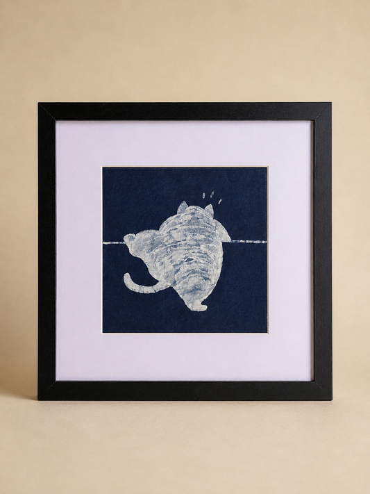 Handmade Indigo Batik Cat Wall Art Collection | Framed & Unframed Textile Wall Decor | Original Artisan Cat Artwork | Wabi-Sabi Japandi Home Decor