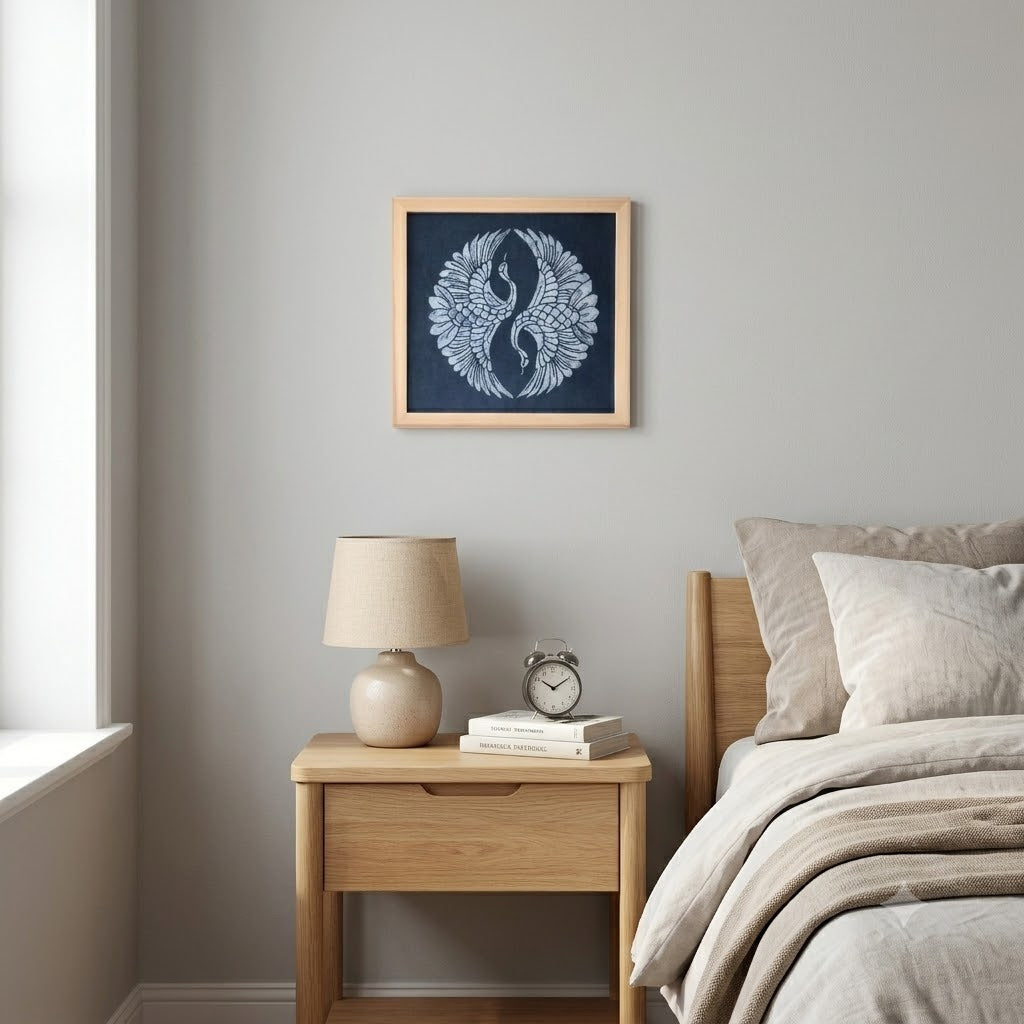 Indigo Batik Twin Cranes Linen Wall Art | Handmade Taiji Yin Yang Textile | Traditional Wax Resist Batik | Zen Home Décor | Meaningful Gift