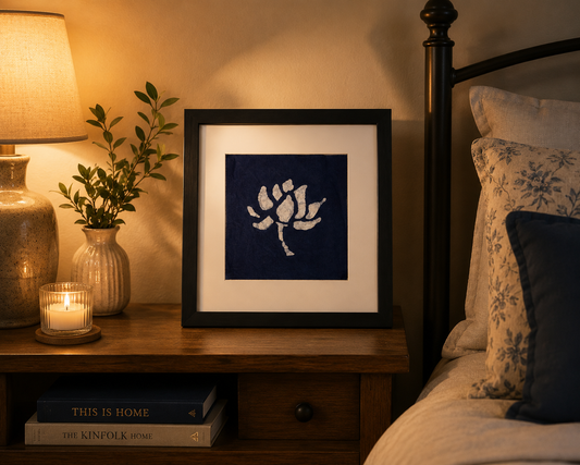 Lotus Textile Wall Art | Handmade Indigo Batik Art | Botanical Zen Home Decor | Tabletop or Wall Display | Housewarming Gift