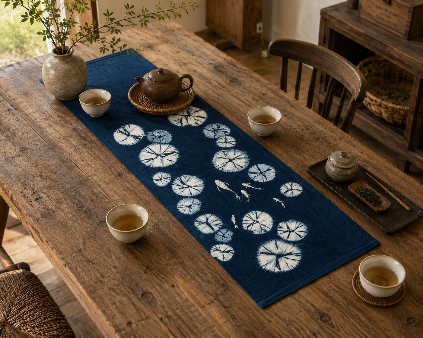 Handmade Indigo Batik Swimming Fish Lotus Pond Wall Hanging, Linen Tea Mat, Japandi Textile Art, Zen Wall Decor, Wabi Sabi Home Decor