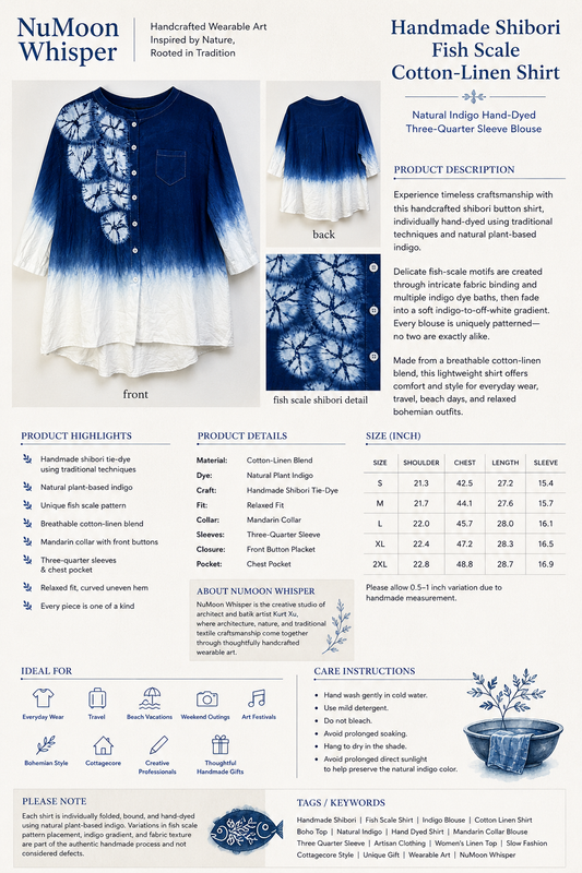 A detailed product information card for the NuMoon Whisper Handmade Shibori Fish Scale Cotton-Linen Shirt. The card features a front view of the shirt with a blue and white tie-dye pattern, a product description, a detailed sizing table, care instructions, and a list of ideal fabrics and sizes.