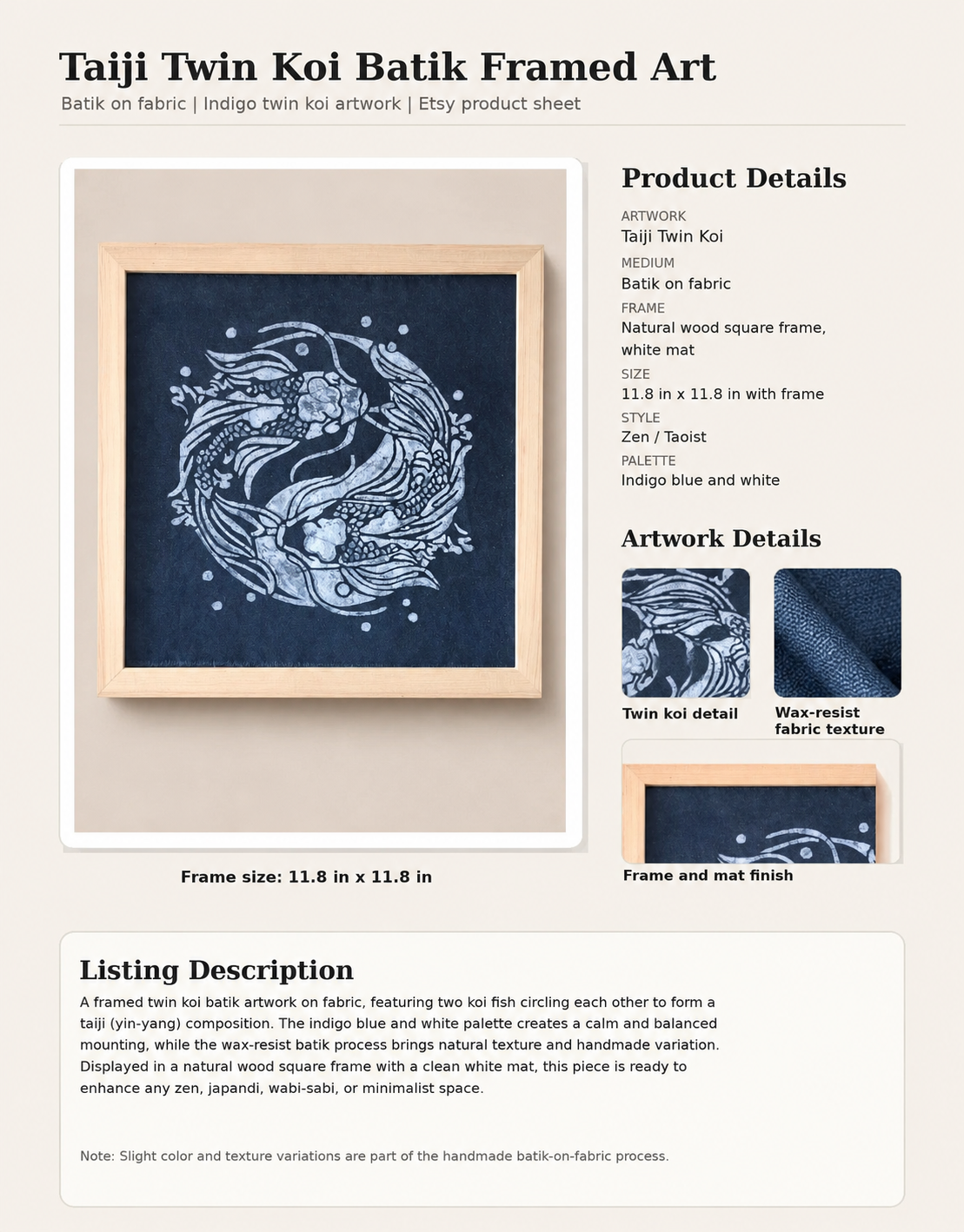 Indigo Batik Twin Koi Linen Wall Art | Handmade Taiji Yin Yang Textile | Traditional Wax Resist Batik | Zen Home Décor | Meaningful Gift