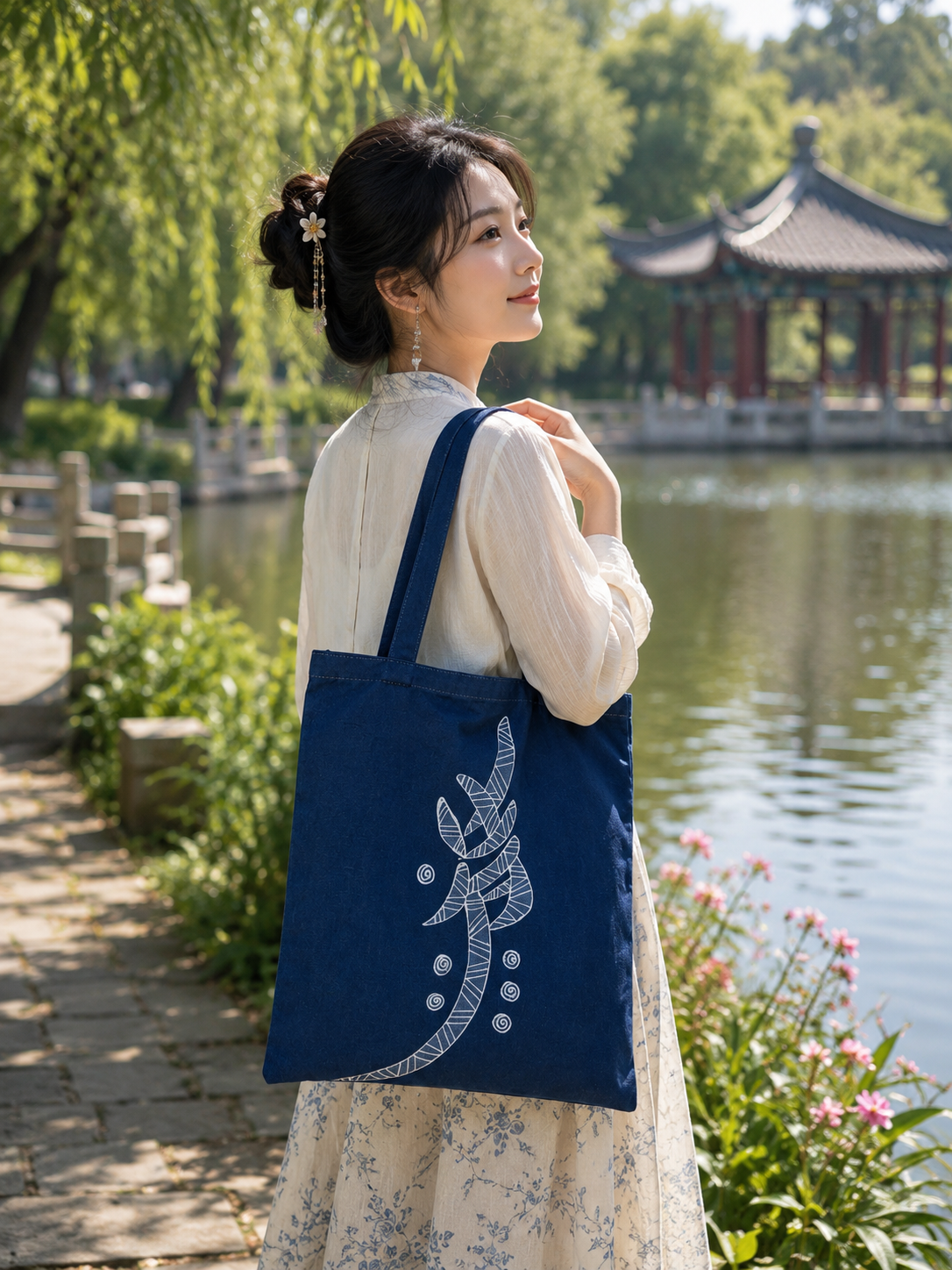 Handmade Indigo Batik Nüshu Tote Bag, Cotton Canvas Shoulder Bag, Women's Script Artisan Market Tote