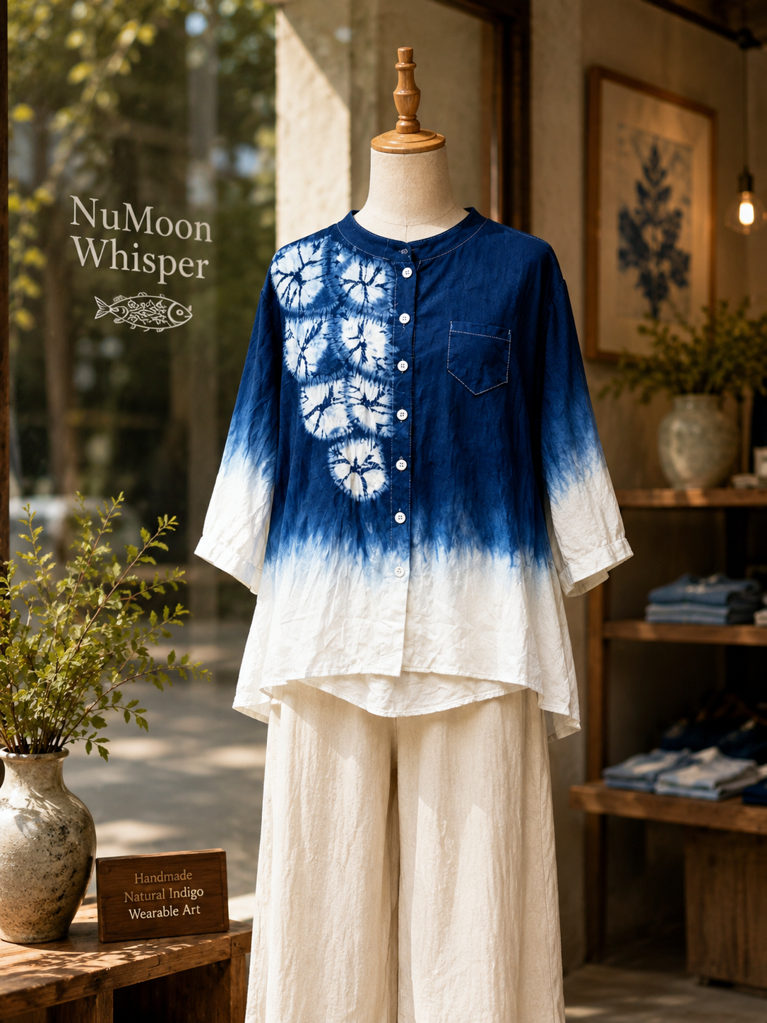 A mannequin displays a blue and white tie-dye button-up shirt with a floral pattern on the chest, paired with cream wide-leg pants, set inside a rustic boutique with the brand name 'NuMoon Whisper' visible on the window.