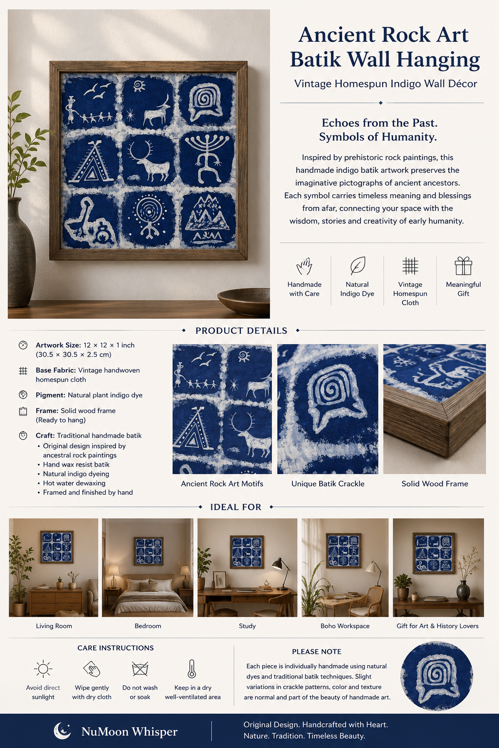 Handmade Indigo Batik Rock Art Wall Hanging, Framed Textile Art, Primitive Symbol Home Décor, Boho Wall Art