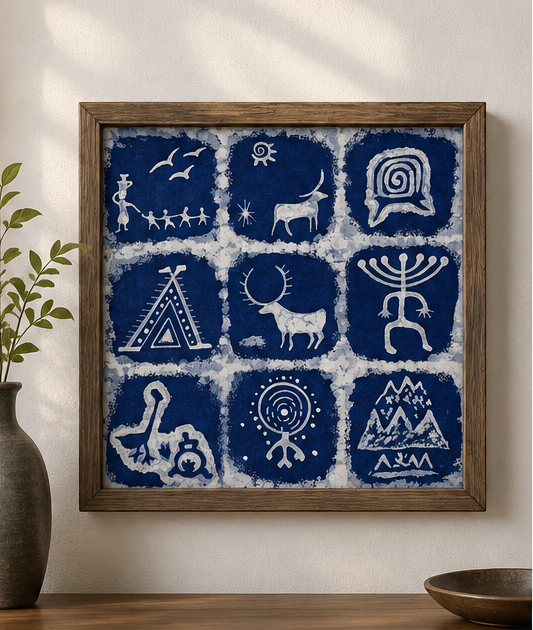 Handmade Indigo Batik Rock Art Wall Hanging, Framed Textile Art, Primitive Symbol Home Décor, Boho Wall Art