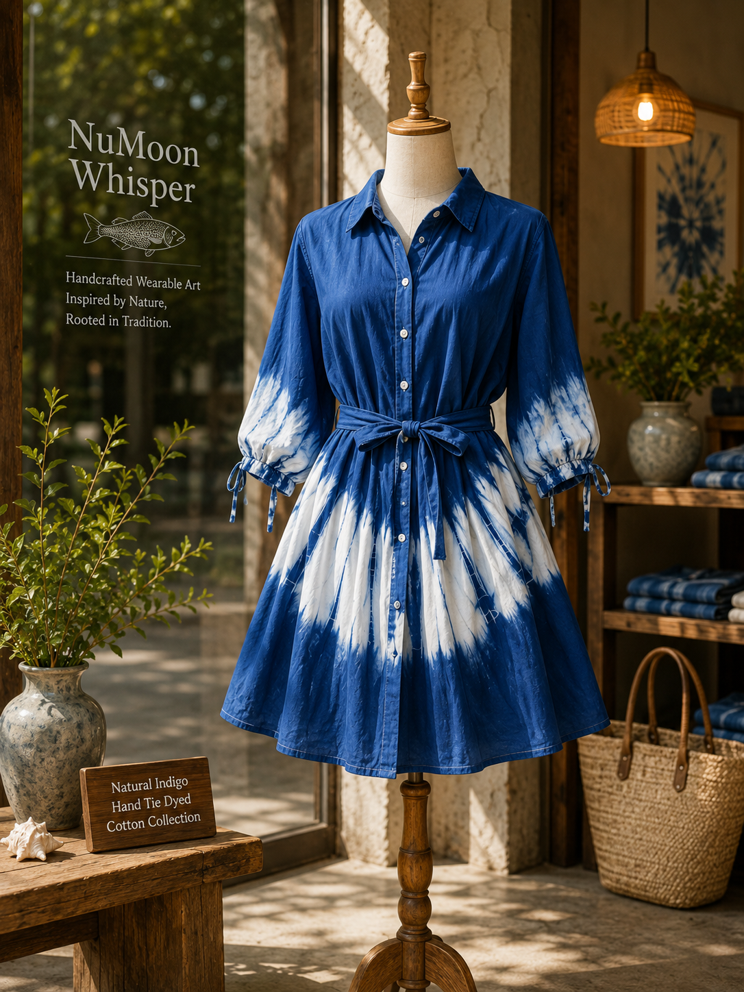 Handmade Indigo Tie-Dye Shirt Dress | Natural Cotton Belted Mini Dress | Boho Three-Quarter Sleeve Dress