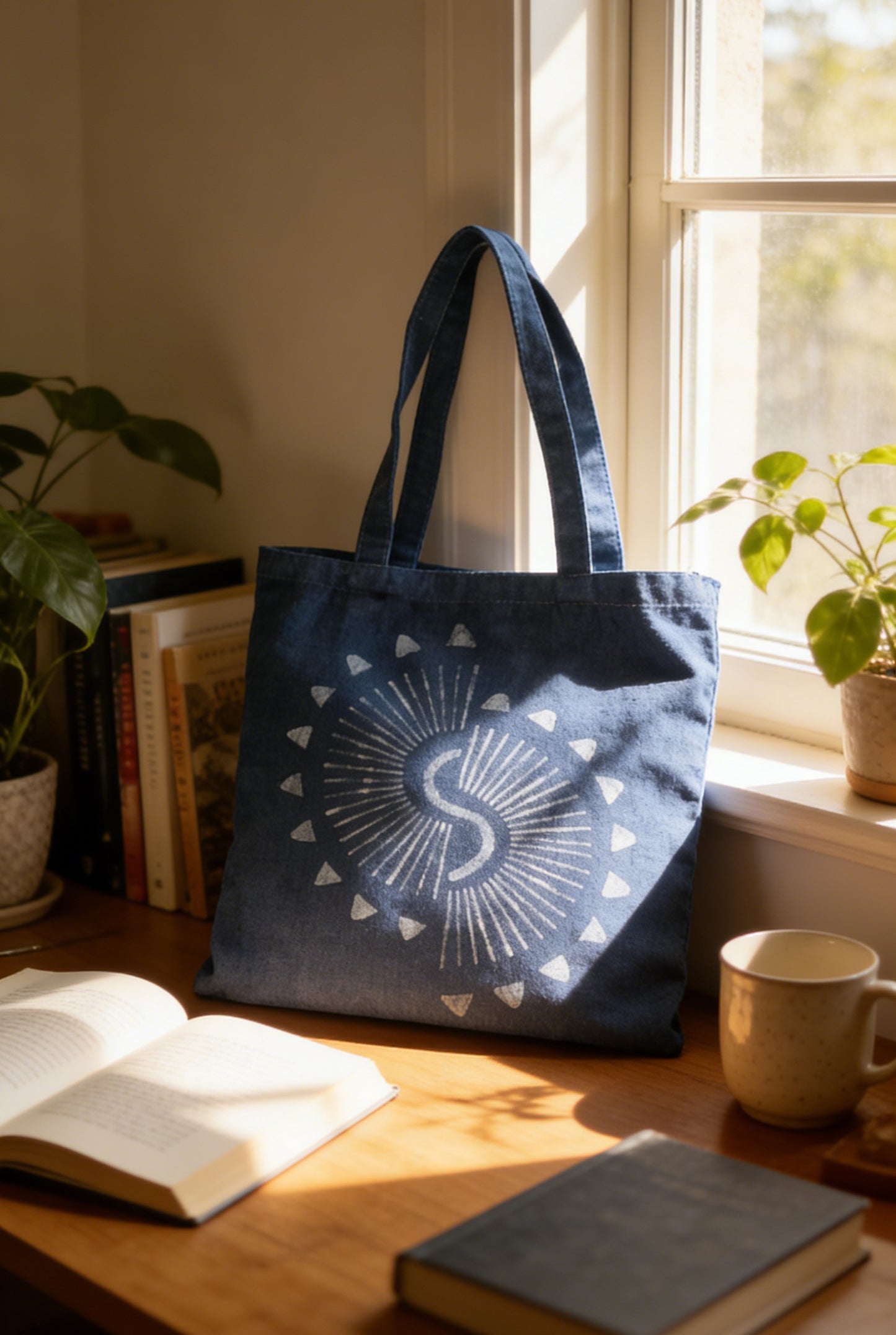 Hand-dyed Indigo Batik Sunburst Tote Bag -  Batik Canvas Tote Bag, Hand-painted art collectors, Everyday artistic lifestyle, One of a Kind Cotton Carry Bag #BA05D