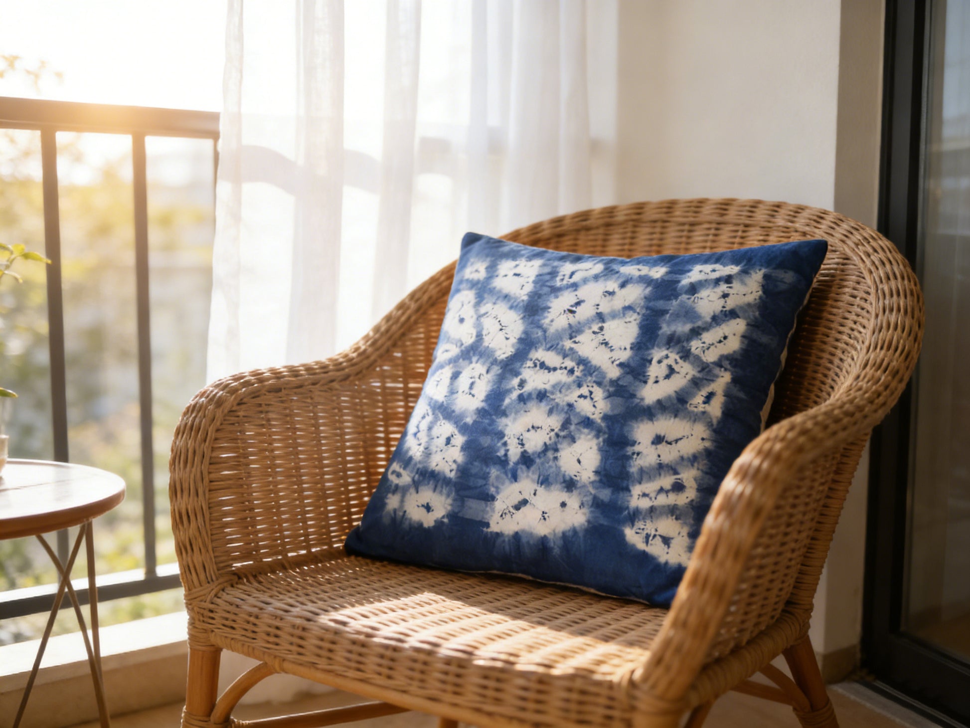 Wicker chair with a blue and white patterned pillow in a bright room with curtains.
