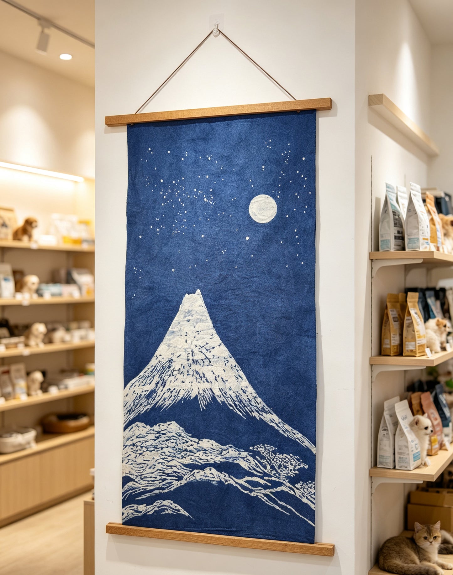Handmade Indigo Batik Snow Mountain Wall Hanging, Moonlit Landscape Textile Art, Zen Home Décor, Cotton Wall Art