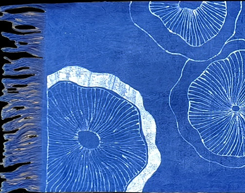 Hand-Painted Batik, Indigo Dyed Table Runner, Indigo Shibori Table Runner, Hand Dyed Cotton Table Runner, Green Lotus Reflected in Water, Japandi Table Decor,Blue  White Table Linen, Japanese Farmhouse Centerpiece #BH22B