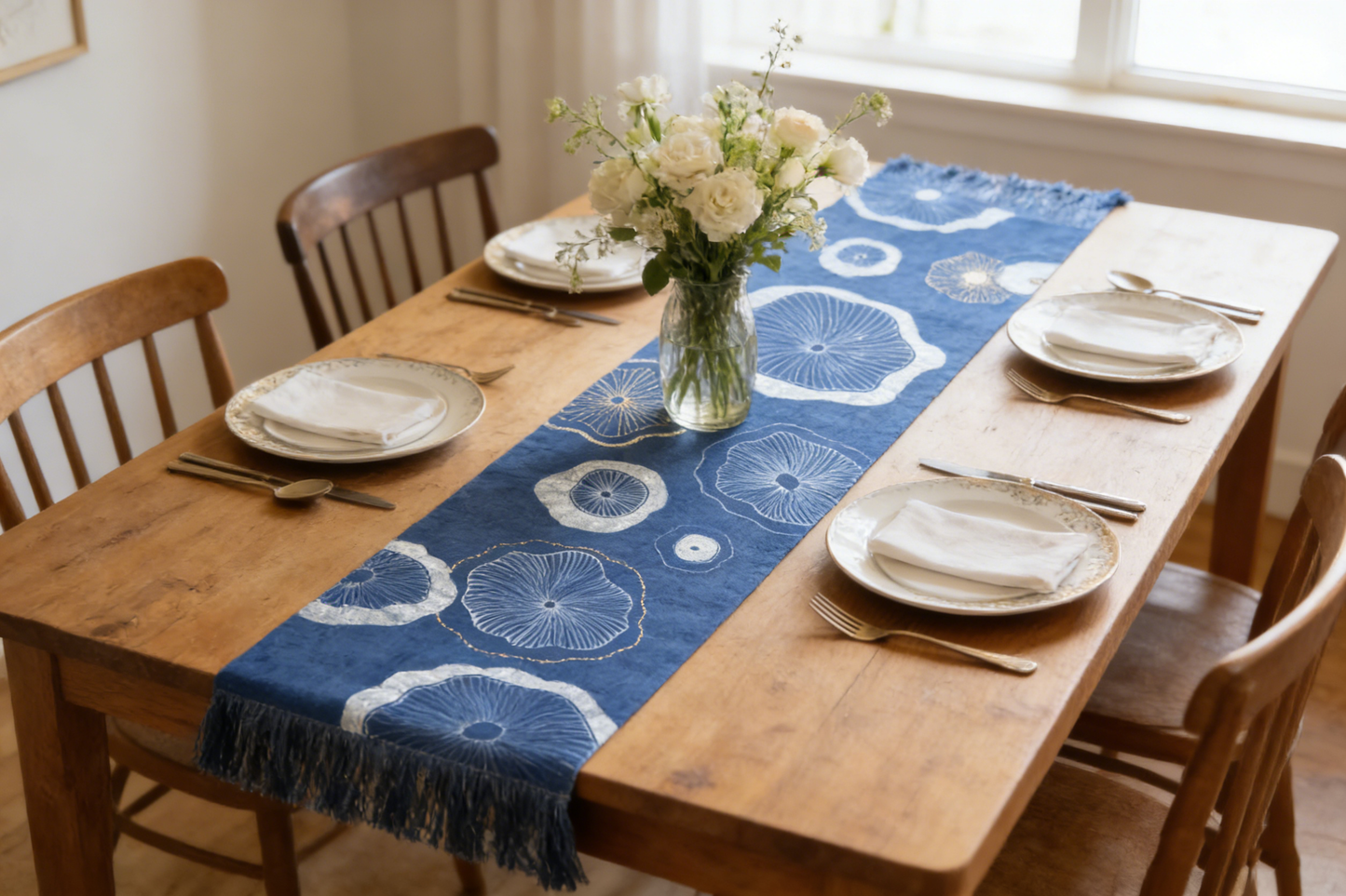 Dining table set with a blue patterned table runner, white plates, and silverware.