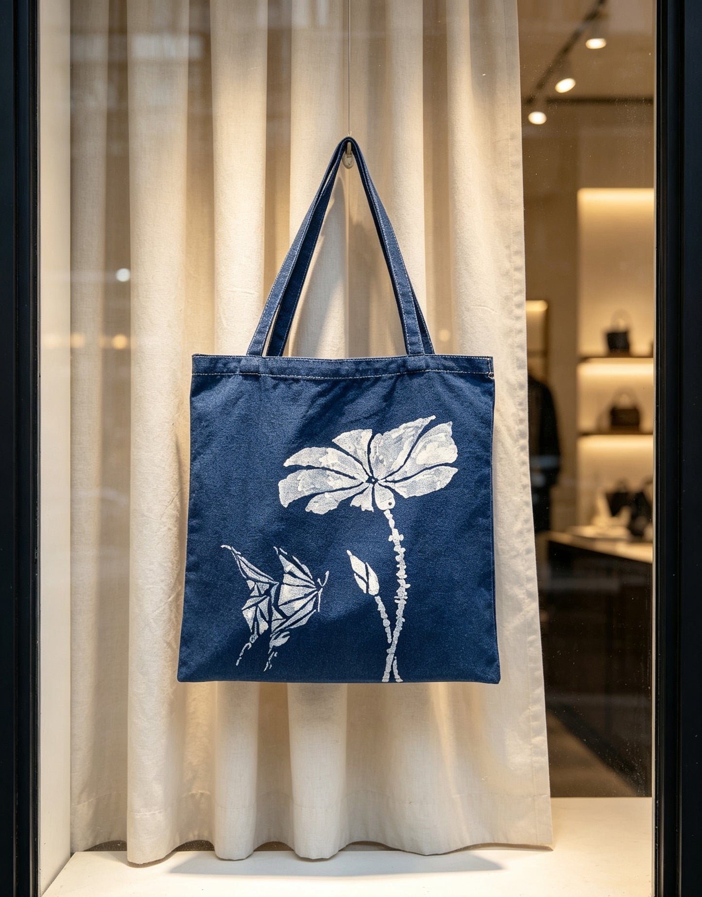 Handmade Indigo Batik Lotus Butterfly Tote Bag, Cotton Canvas Shoulder Bag, Eco-Friendly Everyday Market Tote
