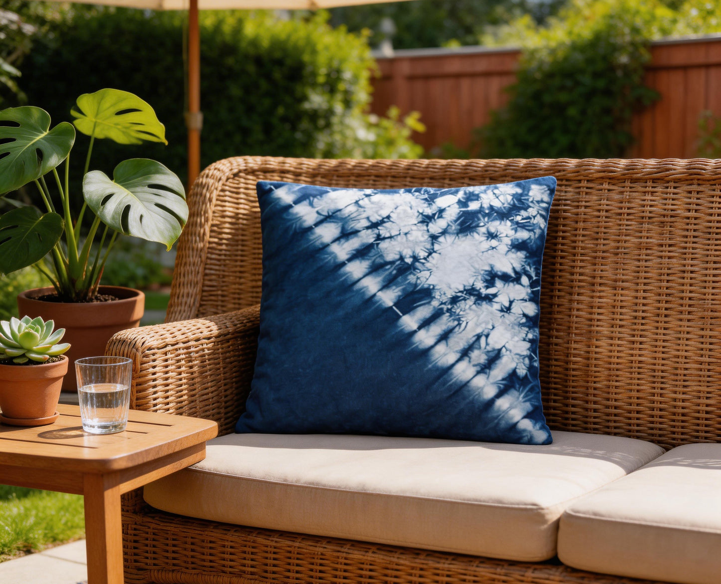 Wicker outdoor sofa with a blue tie-dye pillow, potted plant, and glass of water on a wooden table.