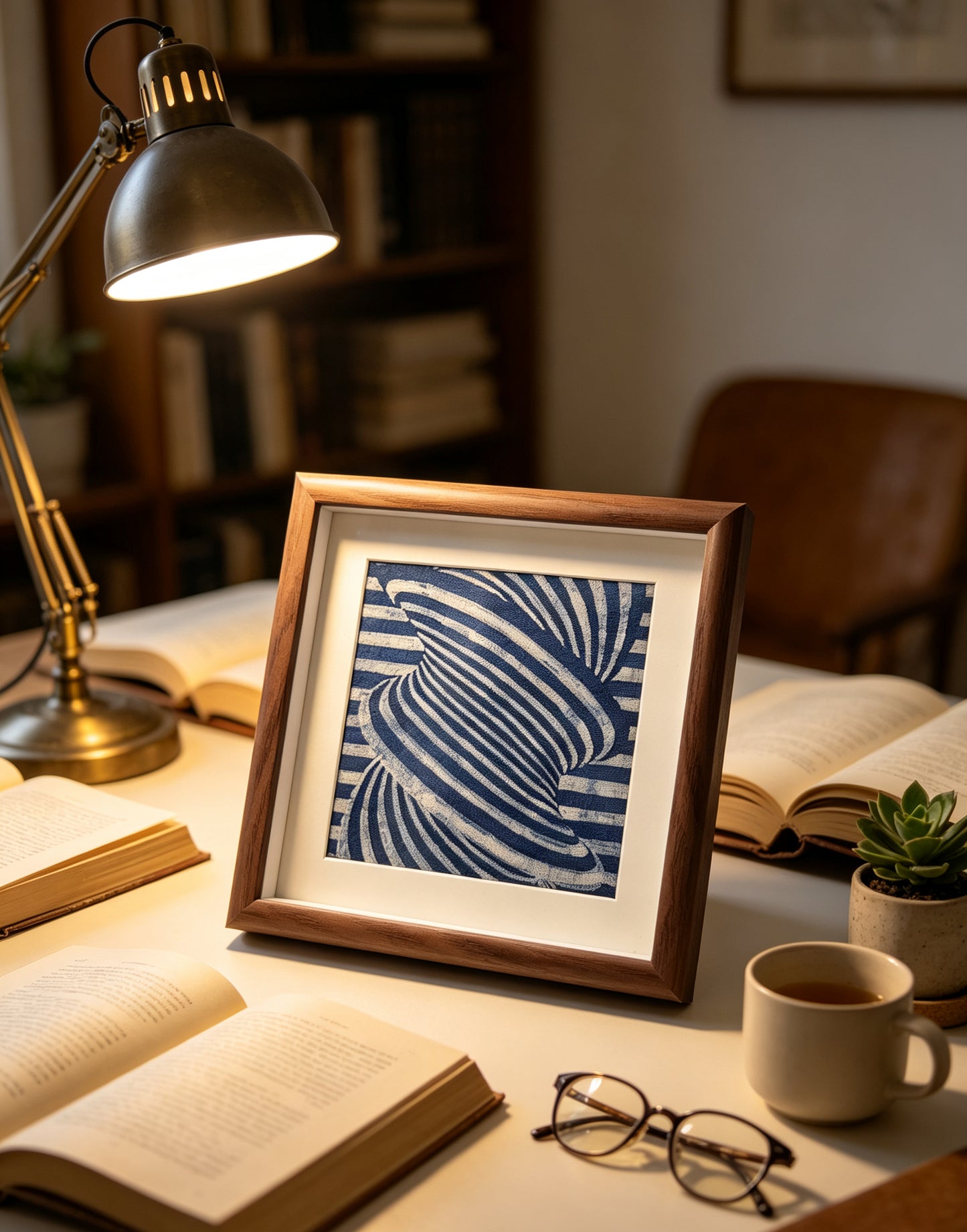 Handmade Indigo Batik Geometric Wall Art, Wood Framed Textile Art, Modern Abstract Indigo Home Décor