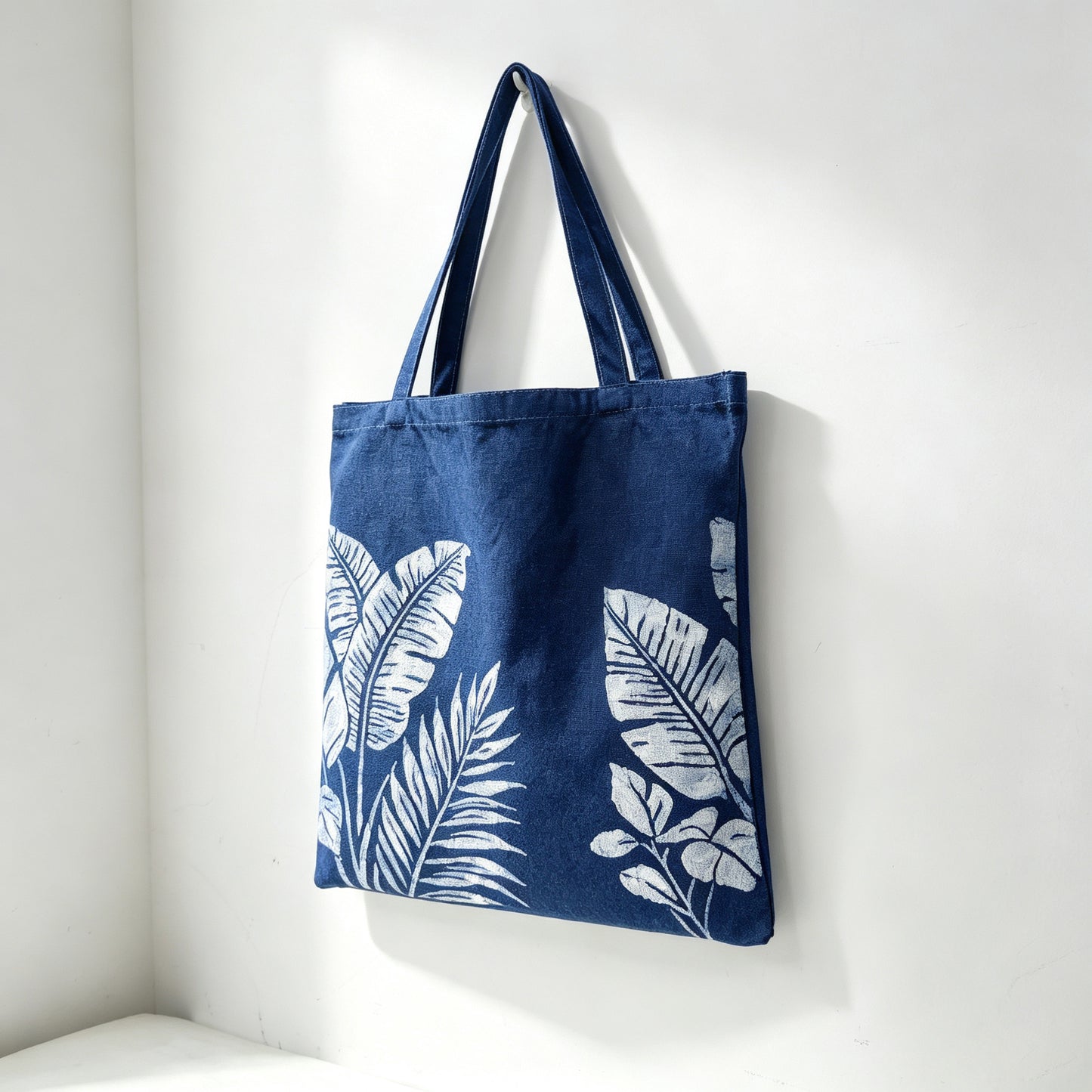 Handmade Indigo Batik Ginkgo Leaf Tote Bag, Cotton Canvas Shoulder Bag, Eco-Friendly Everyday Market Tote
